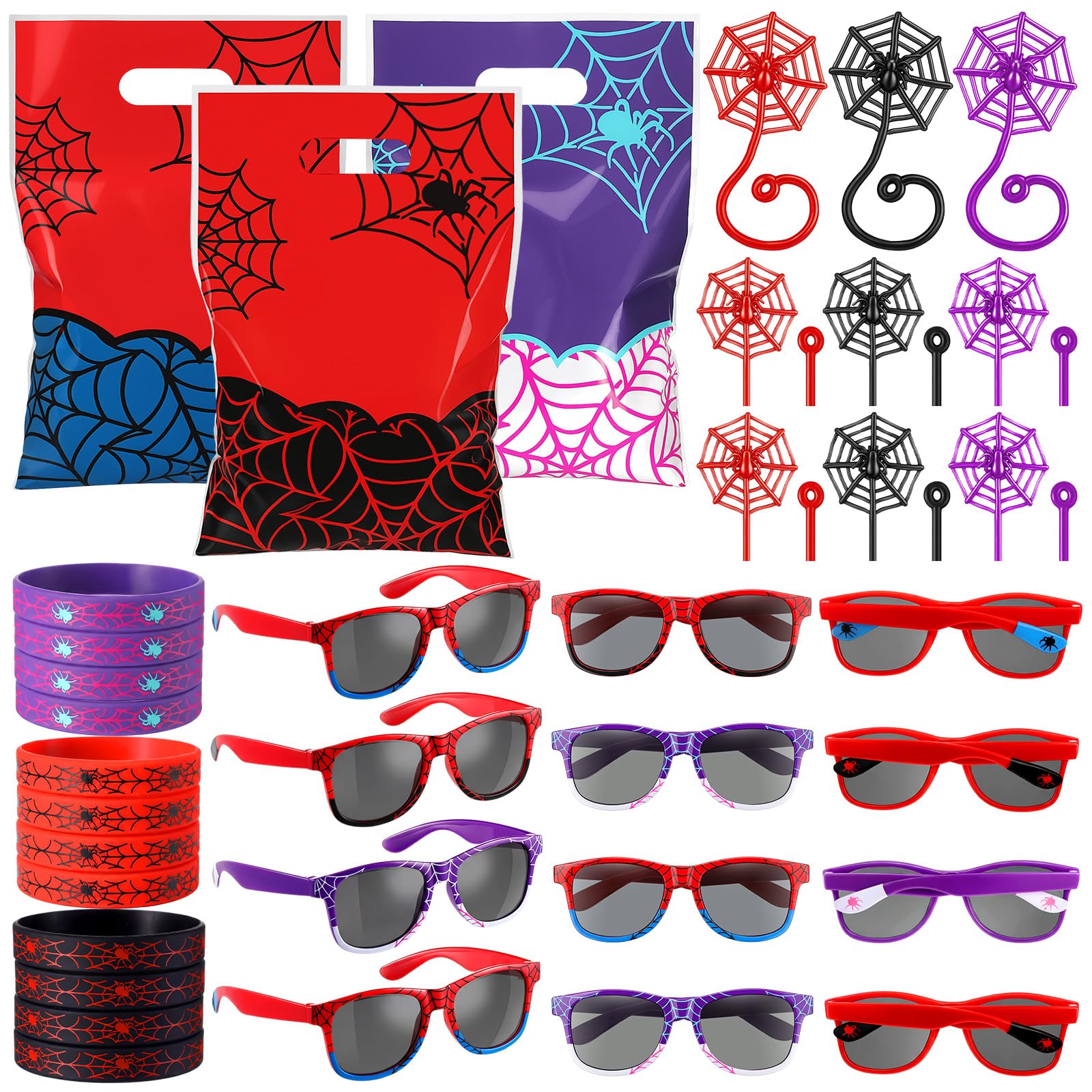 Photo 1 of Soulchen 48 Pieces Spiderweb Birthday Party Decoration Set Spiderweb Gift Bags Spider Silicone Bracelet Sunglasses Cobweb Sticky Hands Toys for Birthday Party Supplies Favors (Vibrant)