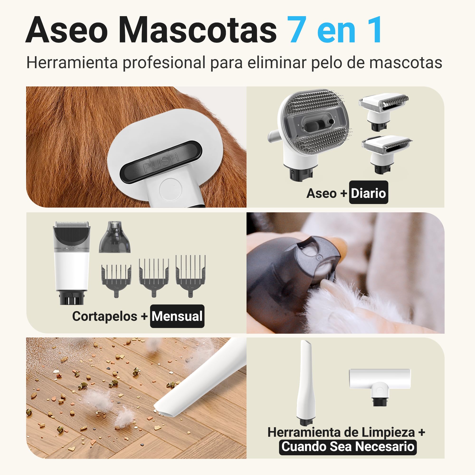 LIGIANT T10 Pro Aspira peli Cane &Gatto domésticocon Cepillo, Kit Aseo 7en1 Multifunción, Cortaúñas, Lima, Cepillo, Bajo Ruido, Depósito Grande 2,2L, Ideal para el Pelo en Casa, el Coche y Exteriores