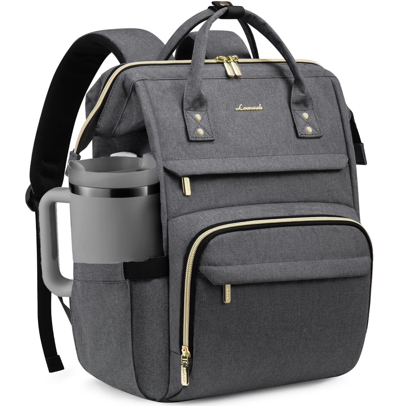 LOVEVOOK Laptop Backpack for Women with Giant Tumbler Holder Pocket,15.6 inch Waterproof Travel Backpack Purse Computer Laptop Bag,Professional Work College Nurse Teacher Backpack Daypack,Dark Grey