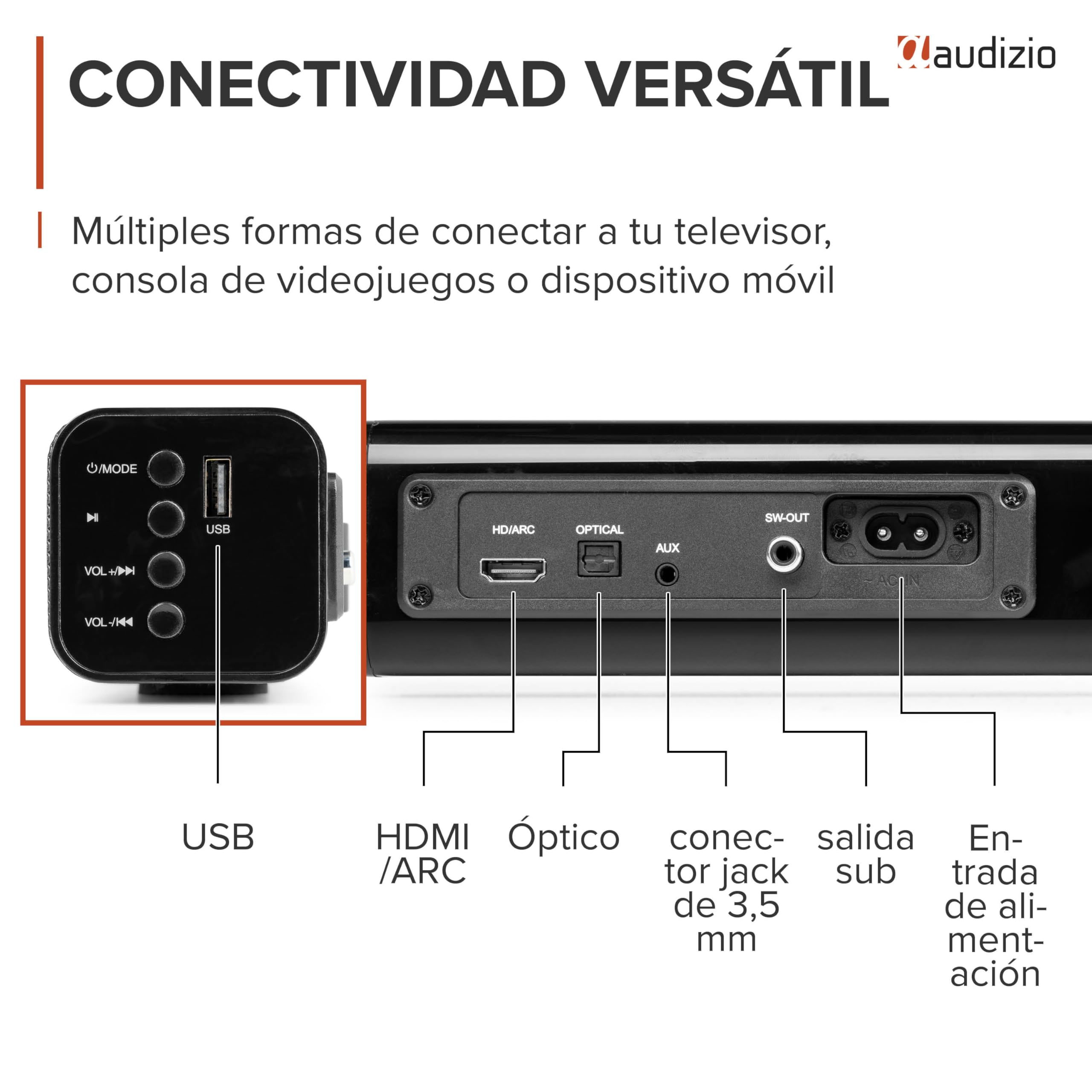 Audizio SB82S – Barra de Sonido 120W con subwoofer 5,25”, HDMI ARC, Bluetooth 5.3, USB y Entrada óptica, soundbar 80 cm para TV con Control Remoto y Montaje Pared, Color Negro