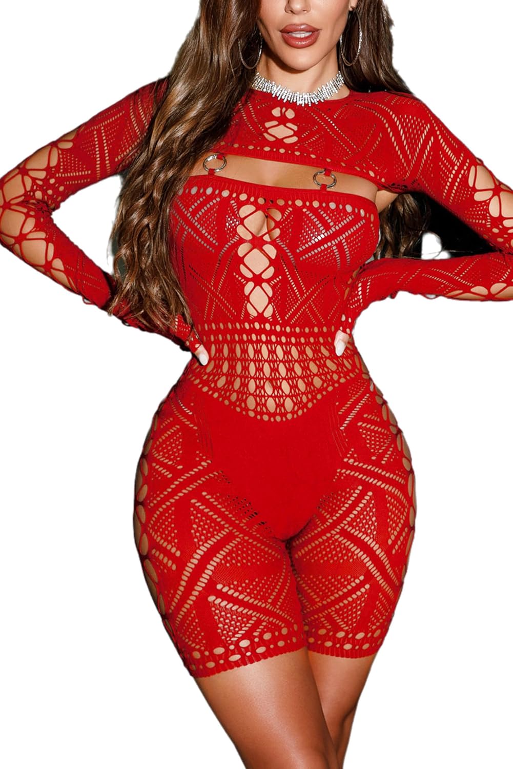 Sexy Long Sleeve Romper for Women See Through Mesh Hollow Out Bodysuit Seamless Jumpsuit