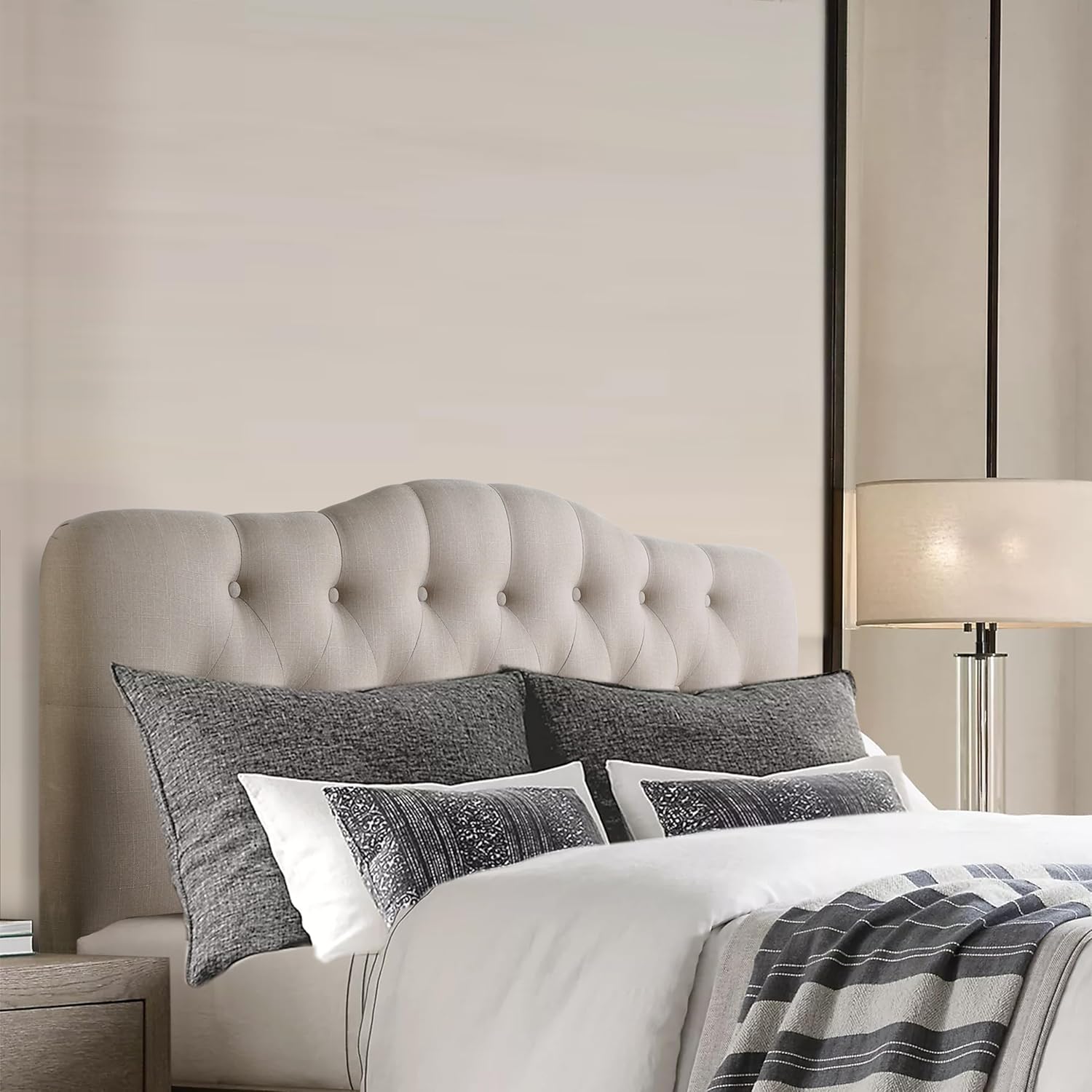 Rosevera Mallory Mid-Century Modern Upholstered Fabric Headboard,Diamond Tufted,Adjustable Height, Solid Wood Leg, Linen Fabric Padded Headboard,King,Textile Beige