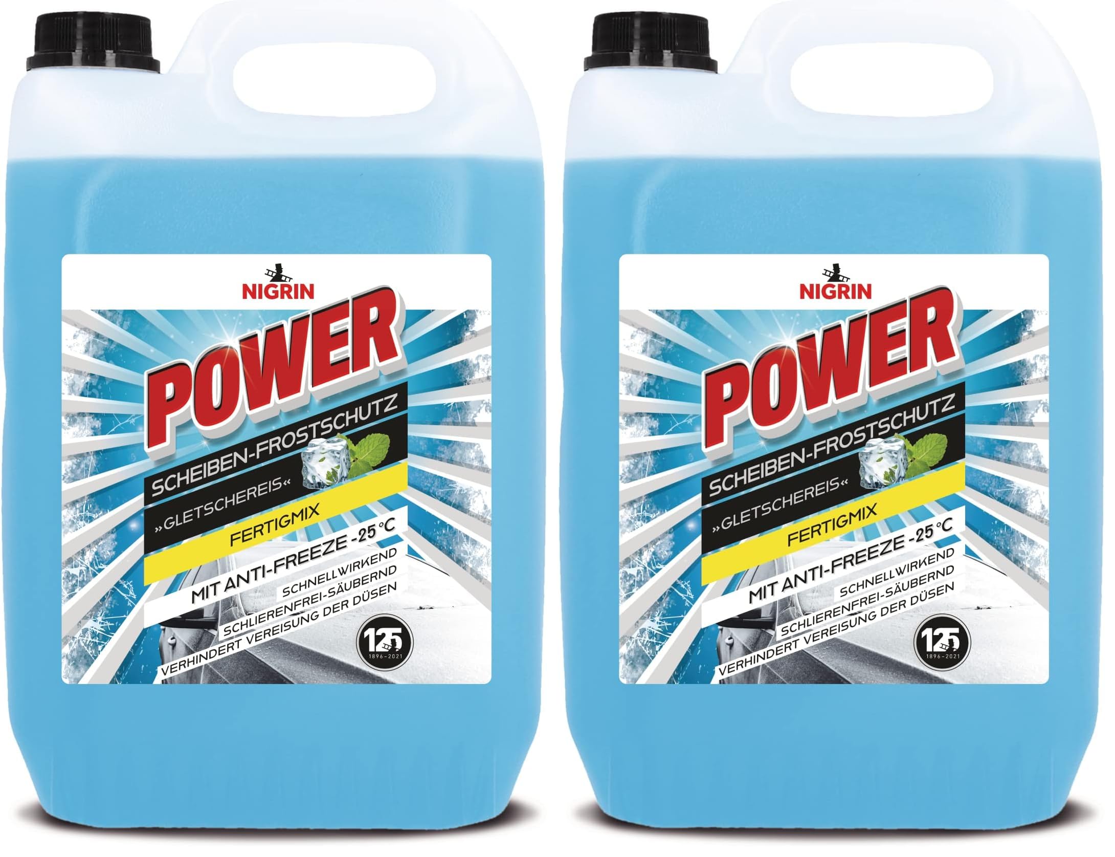 NIGRIN POWER Scheibenfrostschutz Fertigmix Gletscherfrische | 5 Liter | wirksam bis -25 °C | Reinigungszusatz für Autoscheiben & Scheinwerfer | schlierenfreie Sicht | polycarbonatverträglich