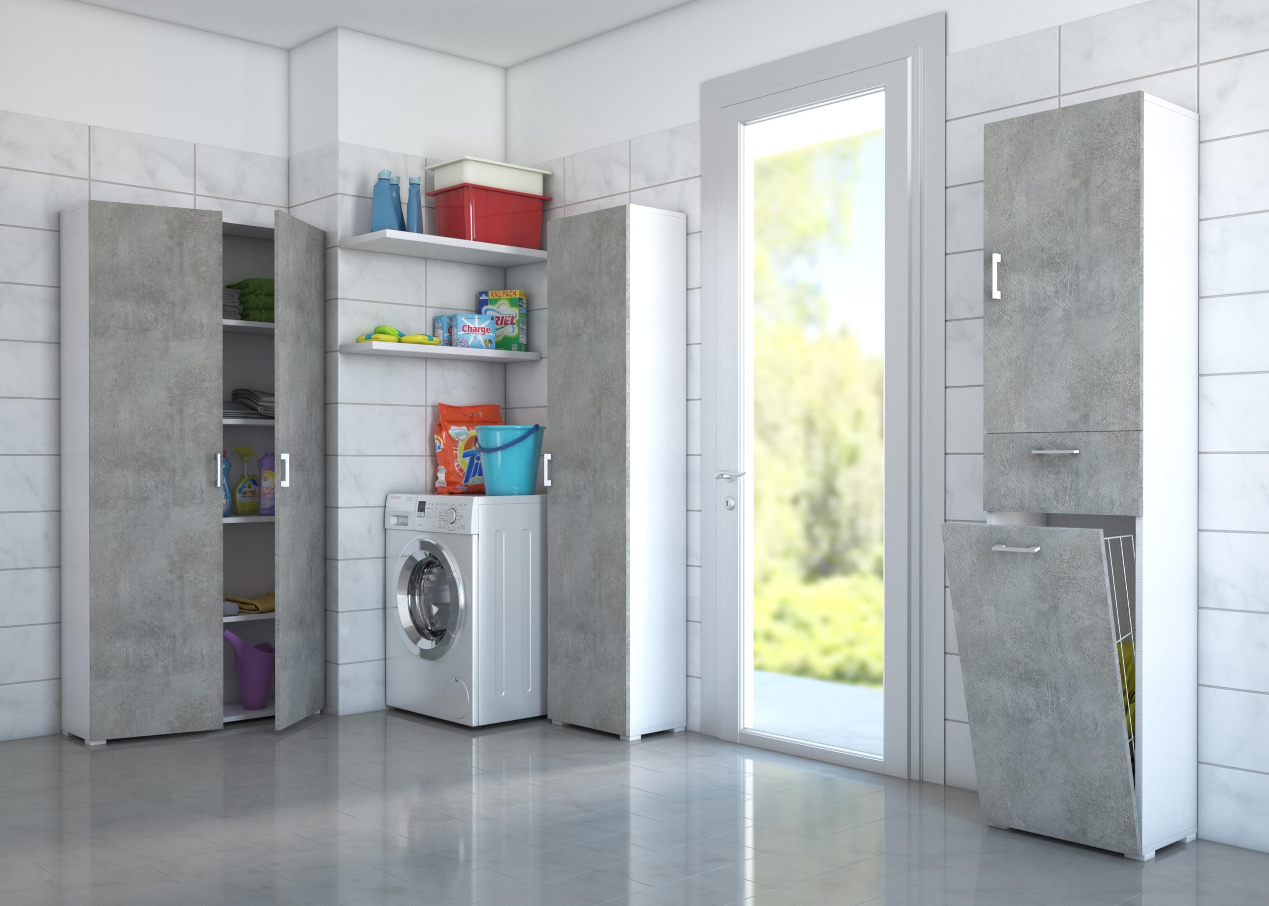 Terraneo mobile multiuso con cestello portabiancheria estraibile, ideale per bagno o lavanderia, salvaspazio – Dimensioni 45x32x195 cm (Bianco cemento)