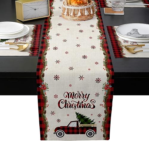 Juego de 6 caminos de mesa y manteles individuales de Feliz Navidad, árbol de Navidad, resistente al calor, algodón y lino, camino de mesa de