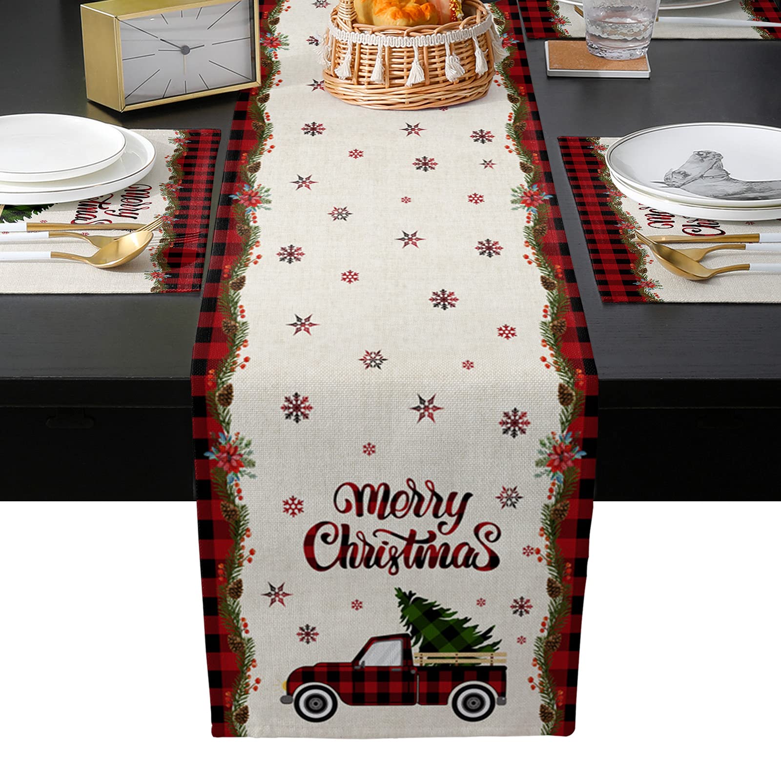 Merry Christmas Table Runner and Placemats Set of 6,Truck Pull Xmas Tree Heat Resistant Cotton Linen Dining Table Runner 90 Inch and Table Mats 6 Pcs Kits for Home Kitchen Decor-Buffalo Plaid Border
