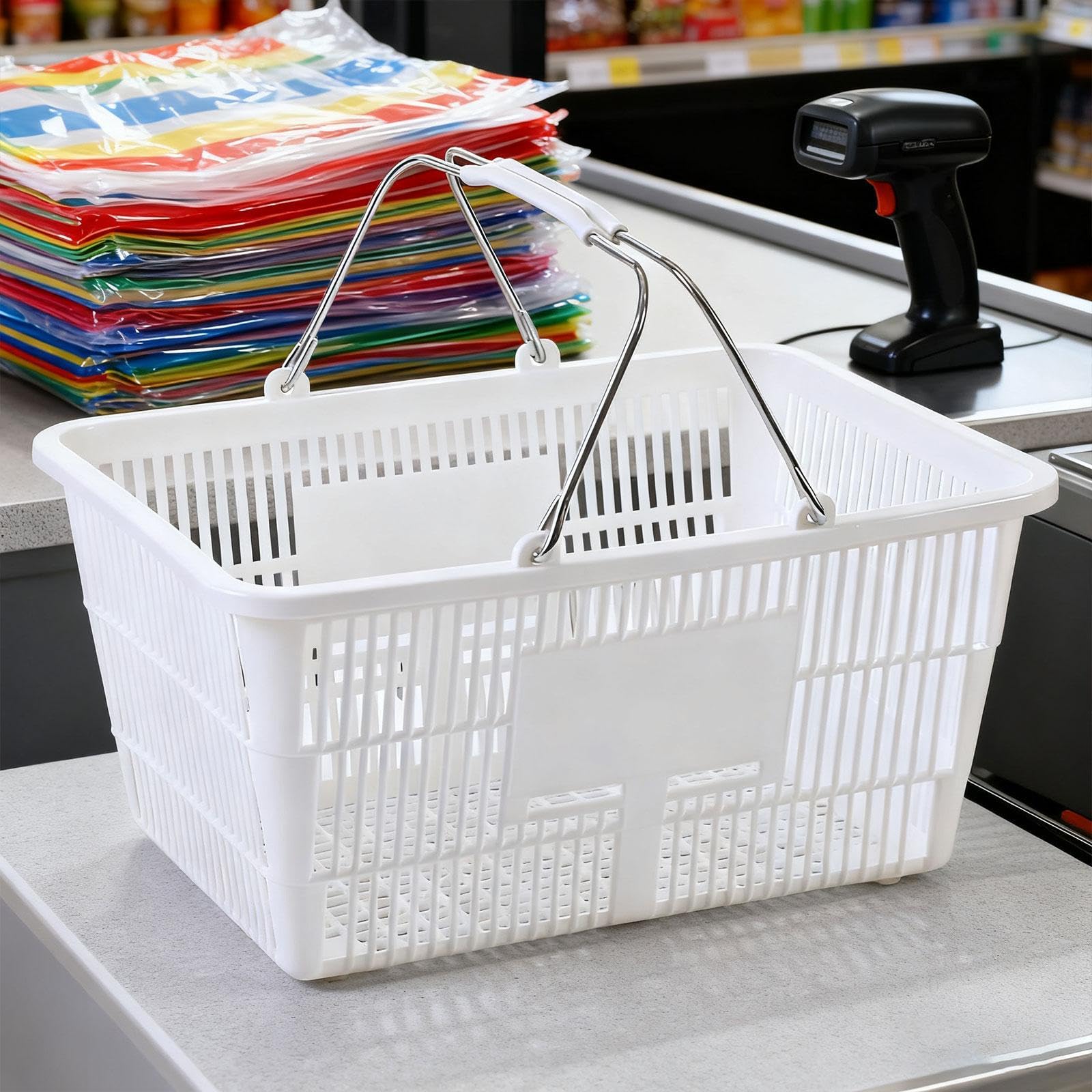 Einkaufskorb mit Griff, Tragbarer, Leichter Metallkorb, Aufbewahrungskorb, Supermarkt Organizer für Lebensmittel, Obst, Badezimmer, Weiß