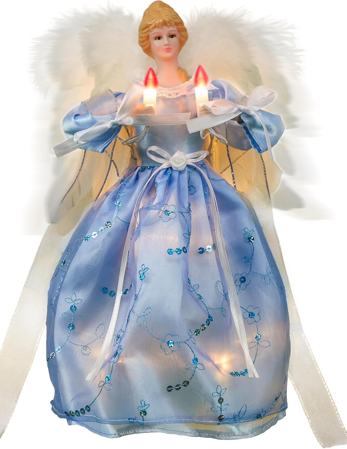 Moving Angel Tree Topper with Lights, 12’’ White, Separately Controlled Flapping Wings and Bright LEDs, 6 On / 18 Off Hours Cycle