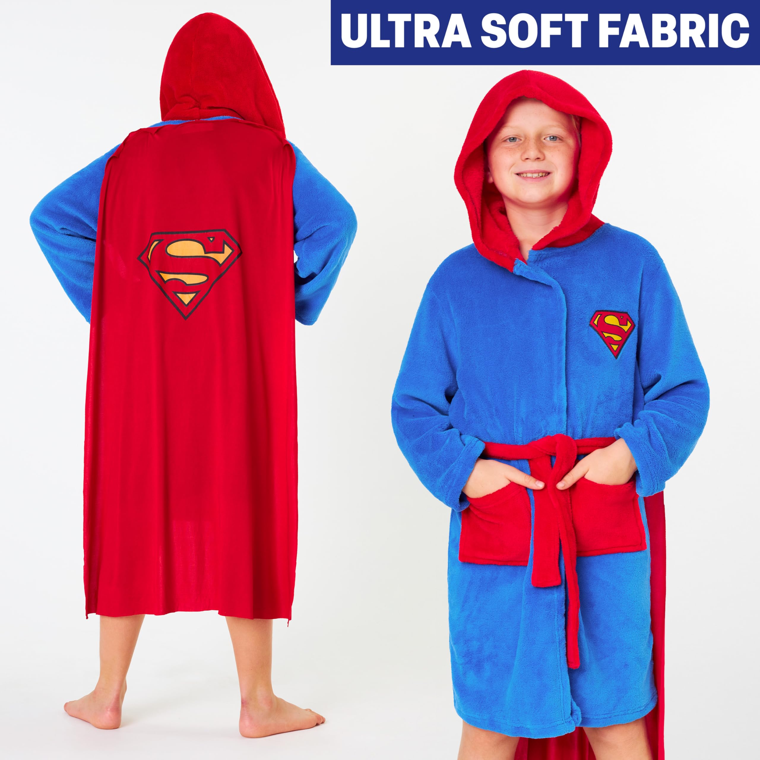 DC Comics Superman Peignoir avec Cape Enfant Garçon, 5-14 Ans, Peignoir Capuche en Polaire Douce, Super Héros Cadeau Garçon