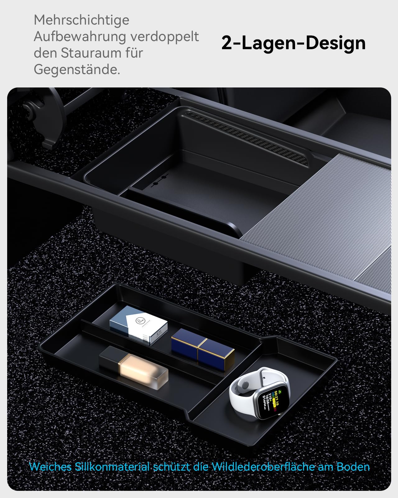 4 Pcs Tesla Model Y 2025-2026 Juniper Mittelkonsole Organizer [Unterteilte Ablage Doppellagig] Smooth Slide Technology Aufbewahrungsbox Armlehnenablage Zubehör für Model Y Juniper (Schwarz)