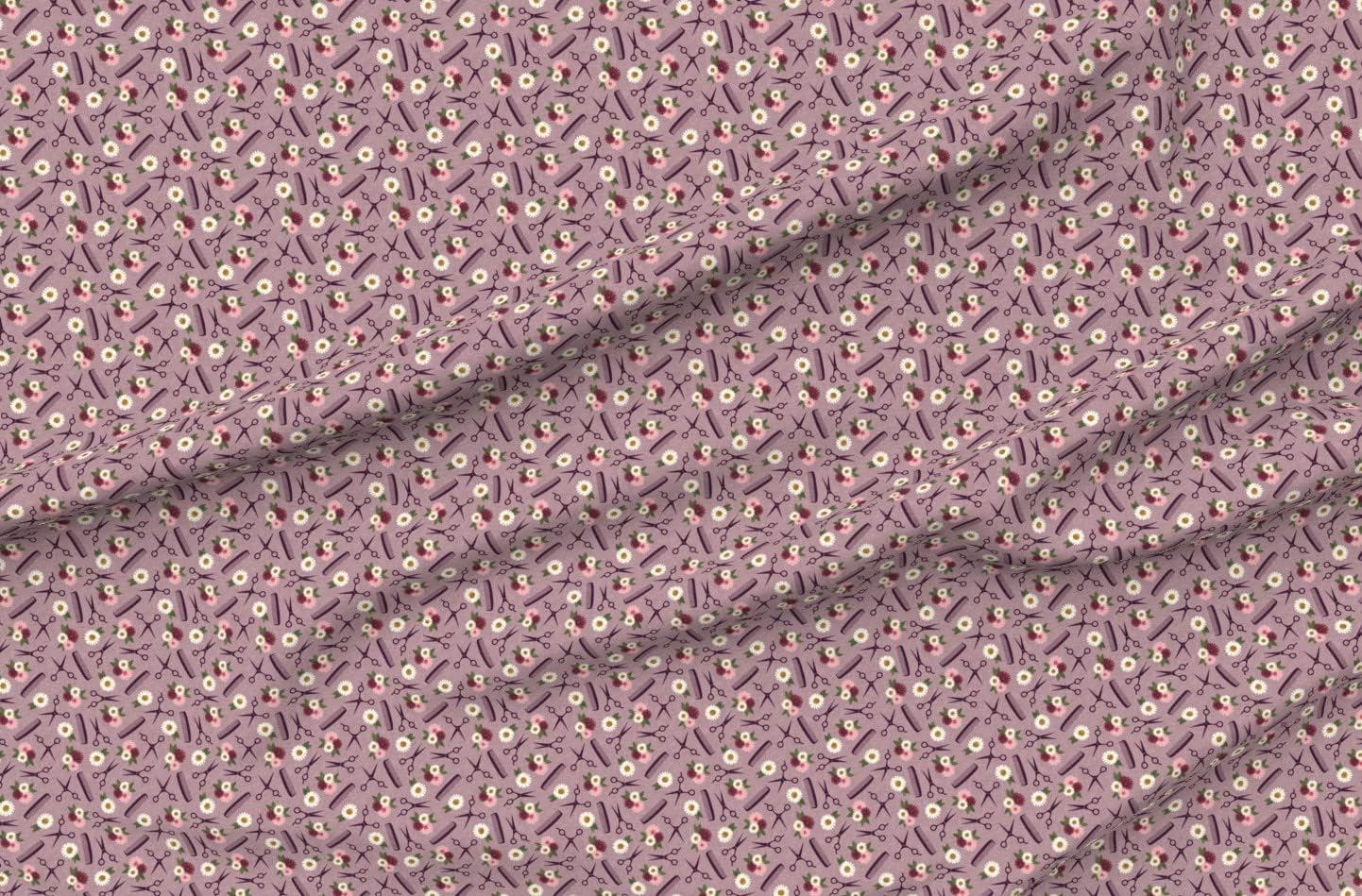Spoonflower Fabric - Floral Mauve Stylist Hairdresser Flowers Hair Scissors Tools Printed on Petal Signature Cotton Fabric by The Yard - Sewing Quilting Apparel Crafts Decor