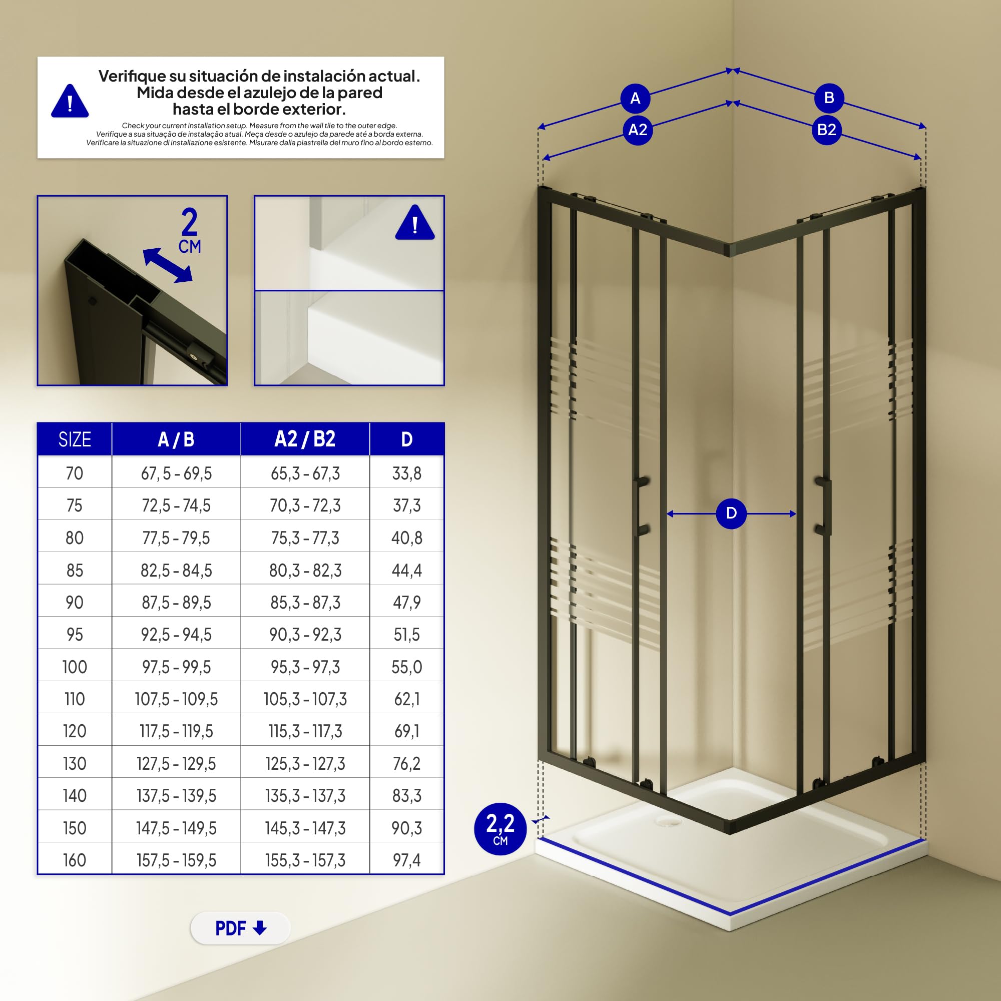 Mampara de Ducha Diana 80x80x180cm, REVERSIBLE, Puertas Correderas, Ajuste 77.5-79.5x77.5-79.5cm, Perfiles Negros, Cristal Templado Parcialmente Satinado 6mm