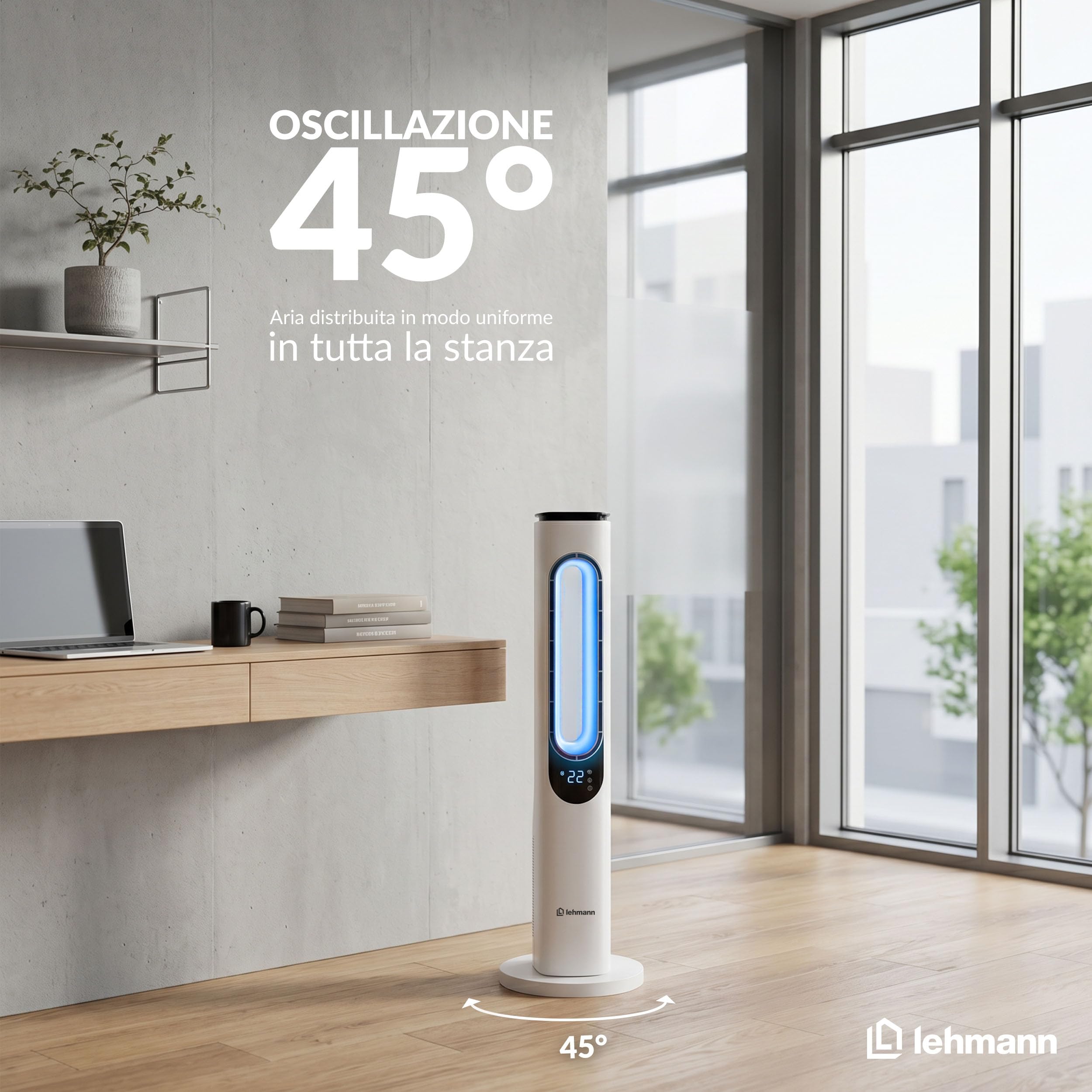 LEHMANN Ventilatore a Torre senza Pale, Ventilatore a Colonna Silenzioso con Modalità Notte, Telecomando, Schermo LED, Timer 1-15 h, 3 Velocità, 3 Modalità, 3 Colori di Illuminazione, Oscillazione