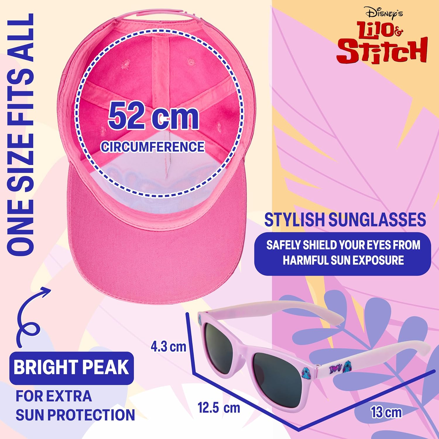 Disney Girls Sunglasses and Baseball Cap Set, Adjustable Sun Hat 100% UV Sunglasses - Girls Gifts (Pink Stitch)