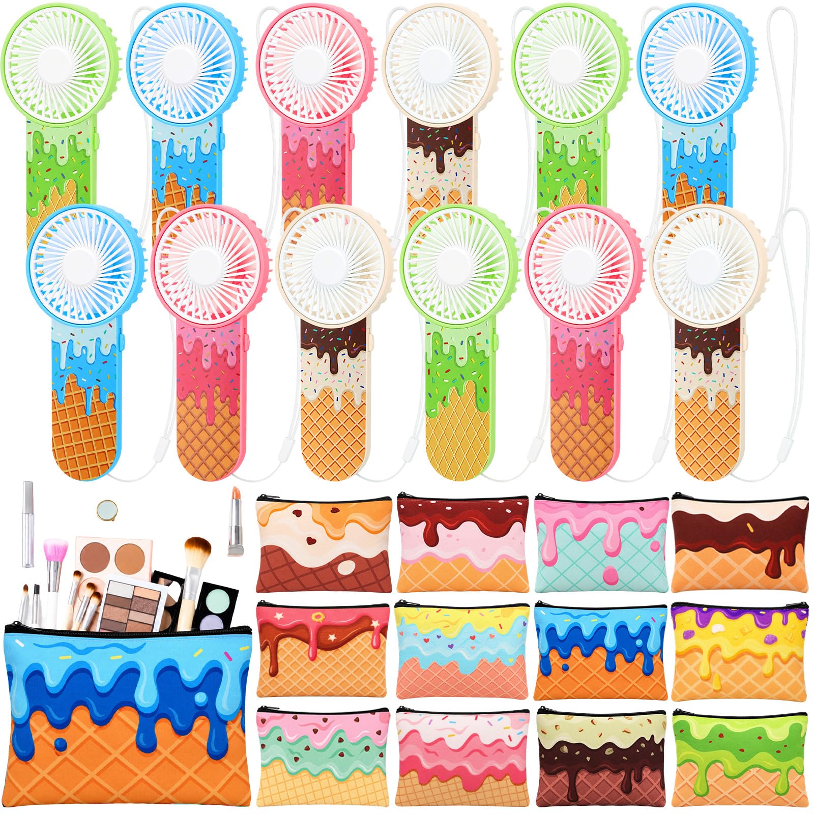 Copkim Set regalo per gelato da 24 pezzi, 12 pezzi, mini ventaglio portatile e cosmetici estivi portatili per il trucco, piccoli ventagli personali portatili, per uomini, donne, viaggi, campeggio