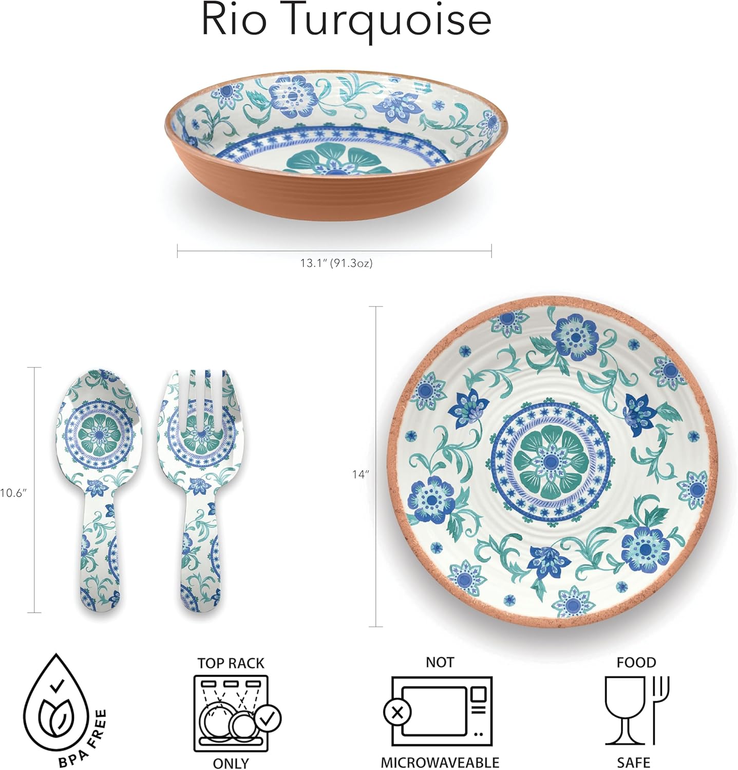 Abode Homewares Rio Turquoise 13.1'' Melamine Serving Bowl Durable Indoor/Outdoor, Shatter-Resistant, and Dishwasher Safe Serveware for Salad, Vegetables, Pasta, Popcorn, or Fruit - 91 oz - Multicolor