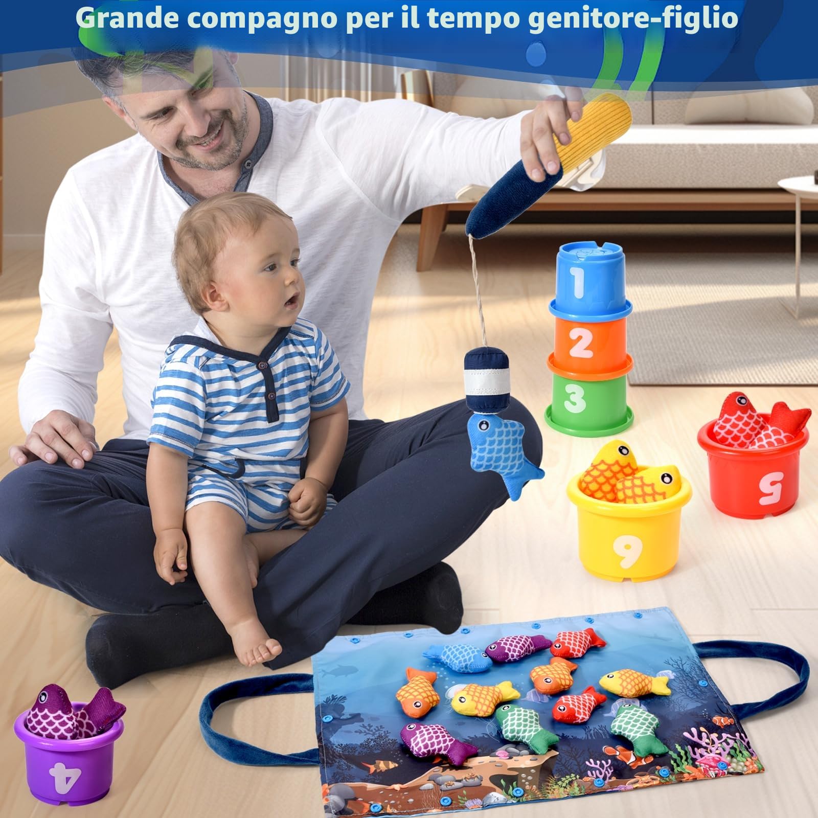 Gioco Montessori Pesca per Bambini 1-3 Anni - 12 Pesci Morbidi con Retino, Giocattolo Educativo per Sviluppo Motricità Fine e Coordinazione, Neonati 12-18 Mesi e Bambini