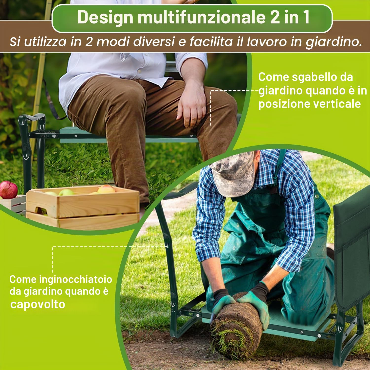 Randaco - Sgabello da giardino con tappetino in schiuma EVA, portatile, pieghevole, con borsa per gli attrezzi, per lavori di giardinaggio, portata fino a 150 kg