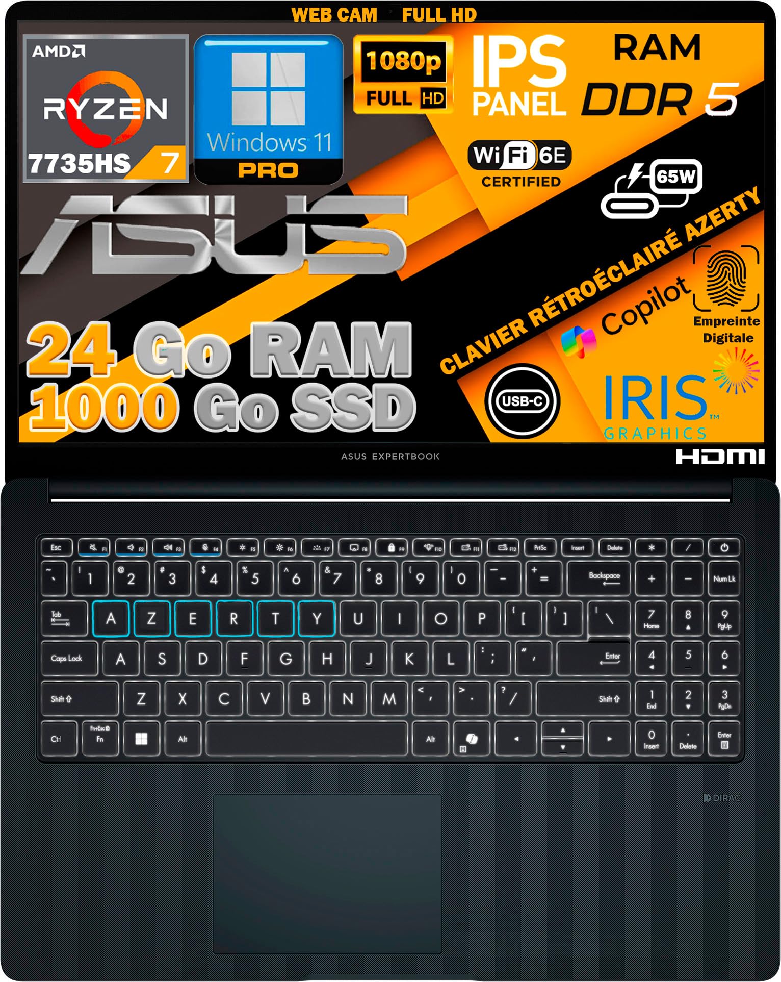 ASUS PC Portable Ordinateur 15,6" FHD IPS - Ryzen 7 7735HS, 24Go DDR5, SSD 1To NVMe, WiFi 6E, RJ45, Clavier FR AZERTY, Rétroéclairé, Empreinte Digitale, Windows 11 Pro, Prêt à l'emploi, Webcam FHD