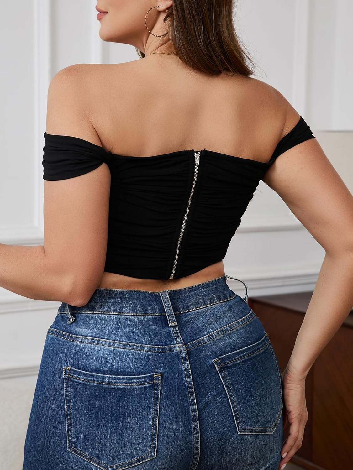 MakeMeChic Women's Plus Size Off Shoulder Mesh Corset Bustier Tops Ruched Tank Zipper Slim Fitted Sexy Crop Top - Image 2
