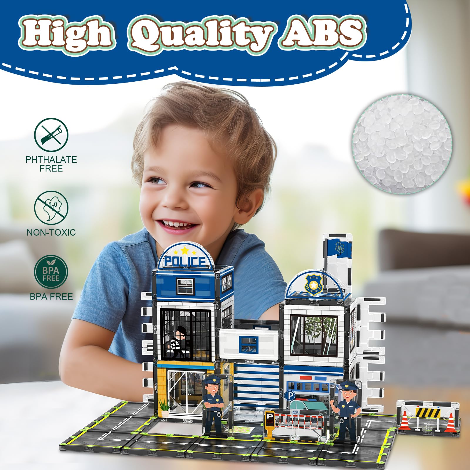 AFUNX Magnetic Tiles, 50PCS Police Station Theme Building Blocks Set, Magnet Building Blocks and STEM Preschool Toys for Toddlers Kids Ages 3-5 5-7 8-10