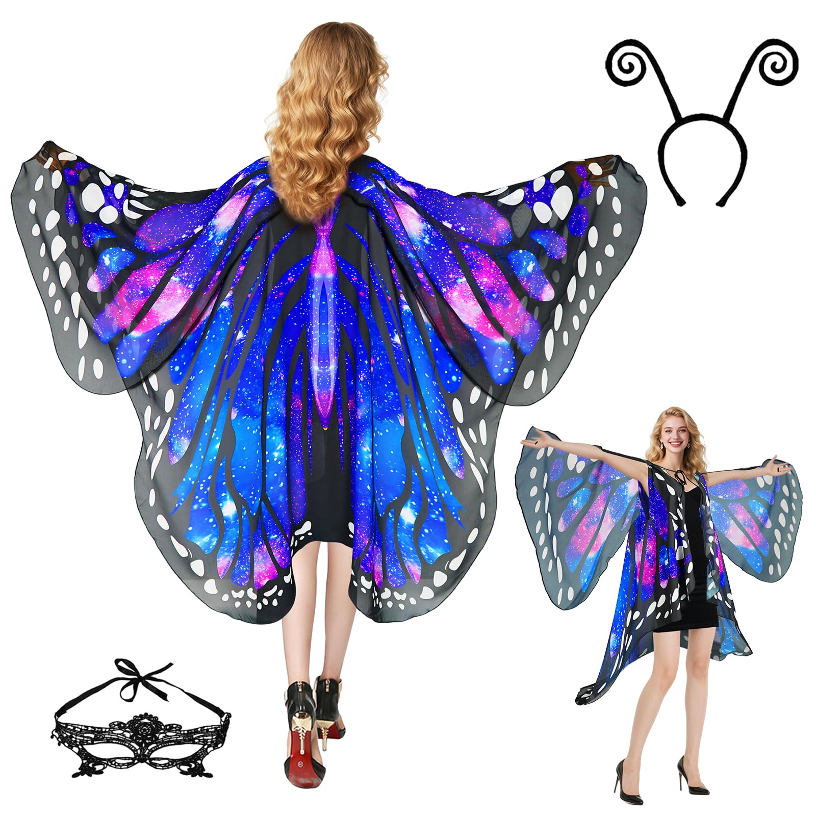 Butterfly Costume Women's Wings Butterfly Wings Adult Two-Tier Fancy Dress Costumes Women's Cape Fancy Dress Butterfly Costume Accessories 3 Set Face Mask Sensor (Star Blue)
