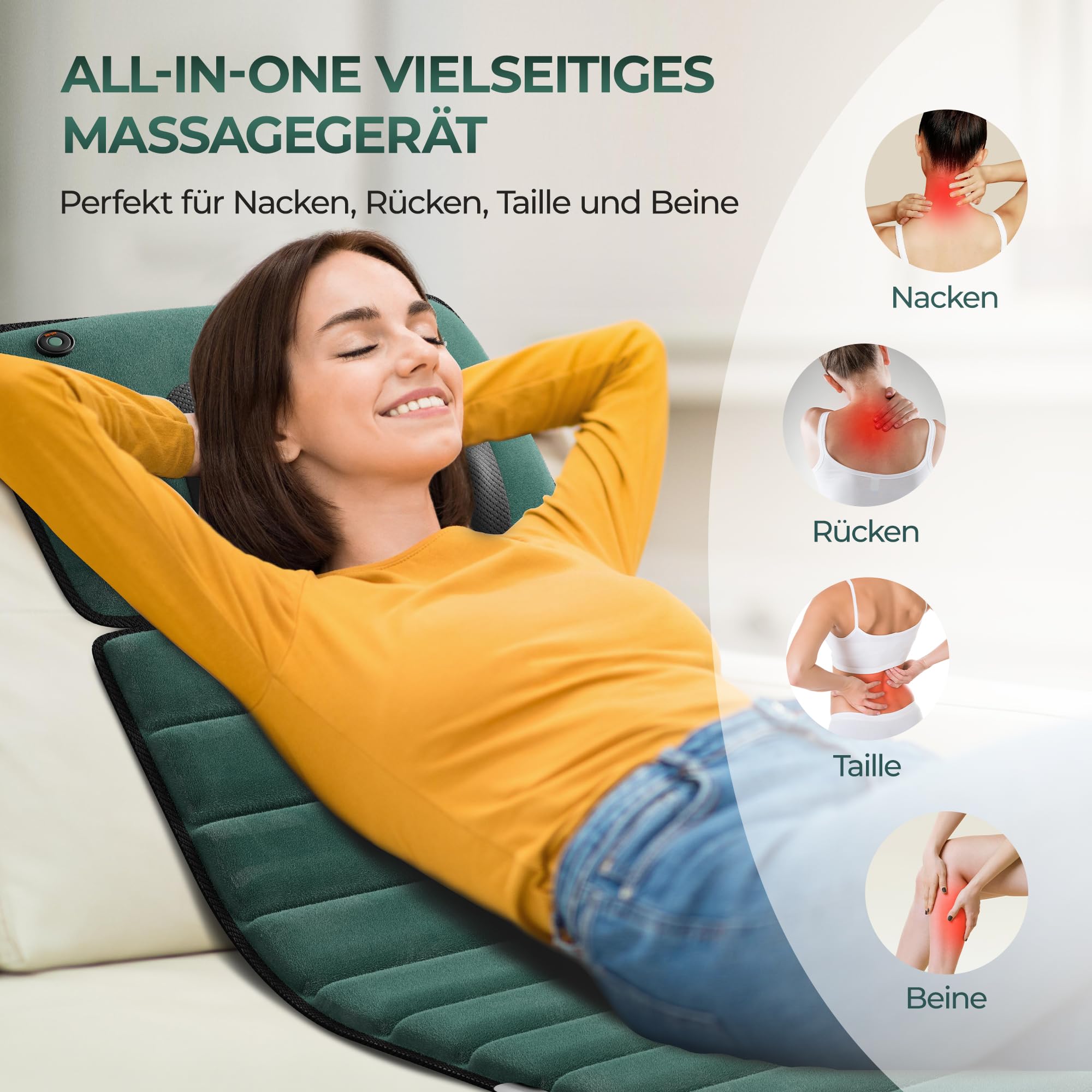 Ganzkörper-Massagematte mit Wärme, abnehmbarem Shiatsu-Nackenkissen und Fußmassagegerät, Vibrationsmatte für Rücken, Beine & Füße zur Entspannung