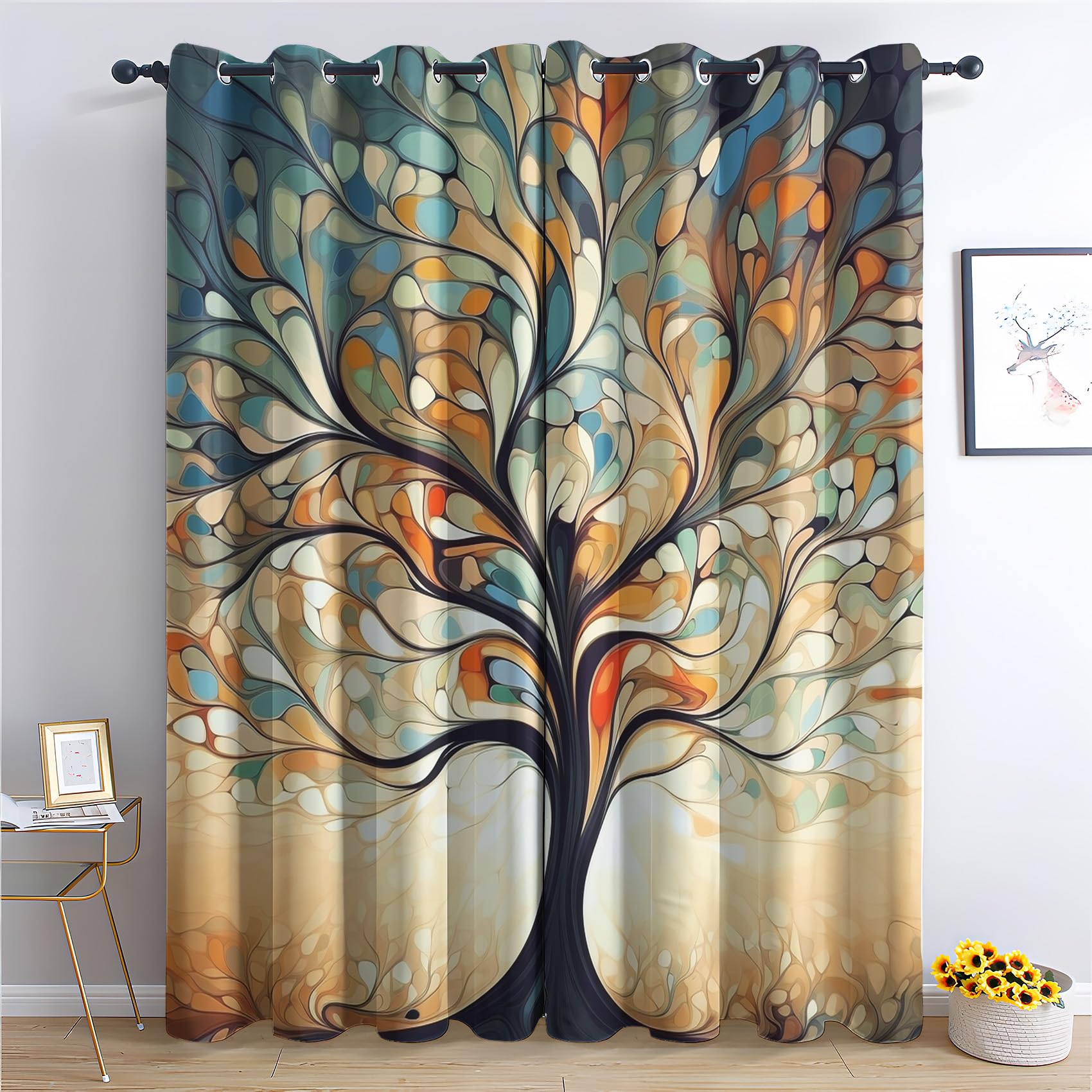 Rideau Occultant Arbre de Vie, Rideau Isolant Thermique pour Salon Chambre, Rideaux Motif Fantaisie, Rideau Opaque à Oeillets, Lot de 2 Rideaux et Draperies Intérieur 140x240cm LxH (W7-&128)