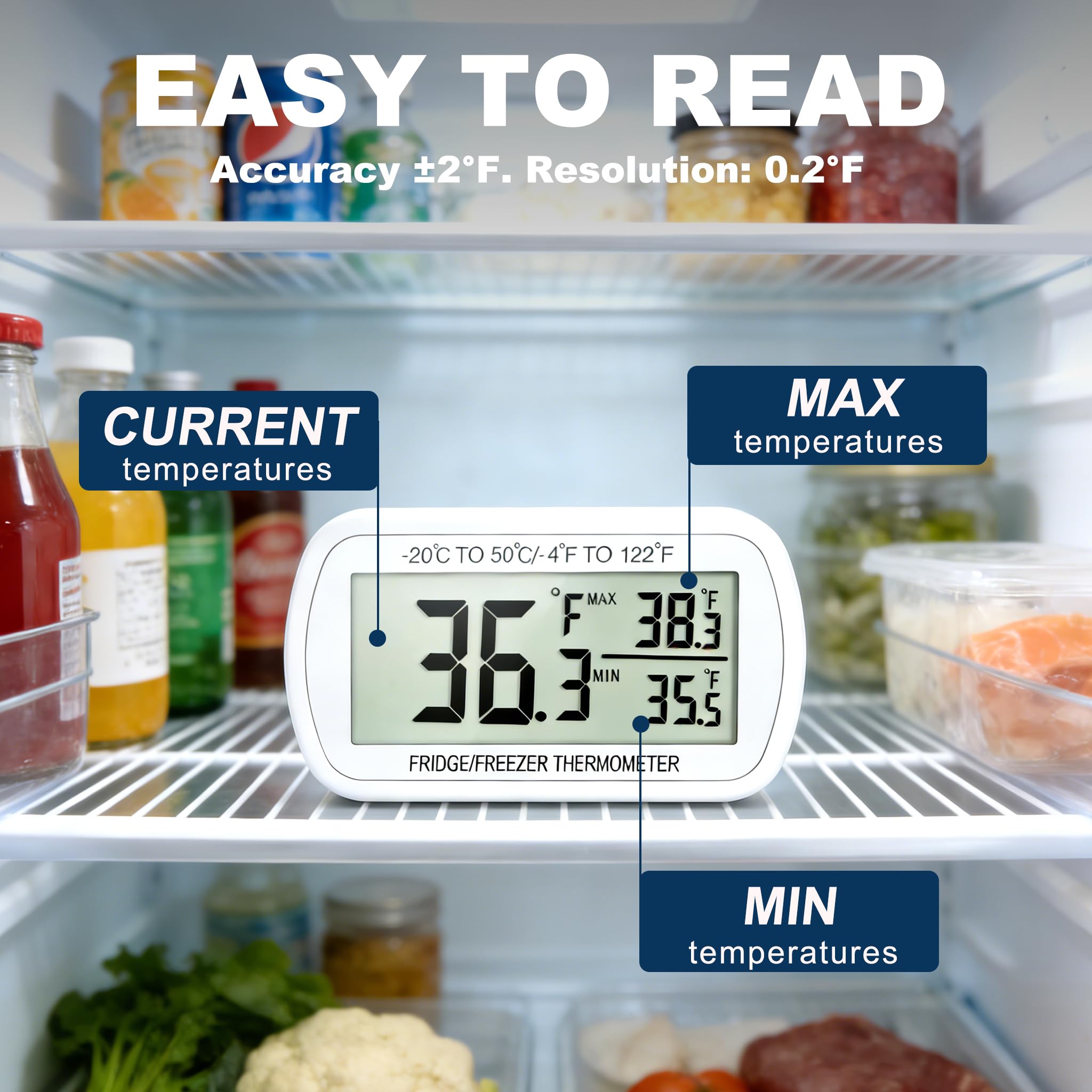 Termómetro para nevera resistente al agua, termómetro digital para congelador, función de grabación máx/min, pantalla LCD grande y parte trasera magnética para cocina, hogar, restaurantes (2 unidades)