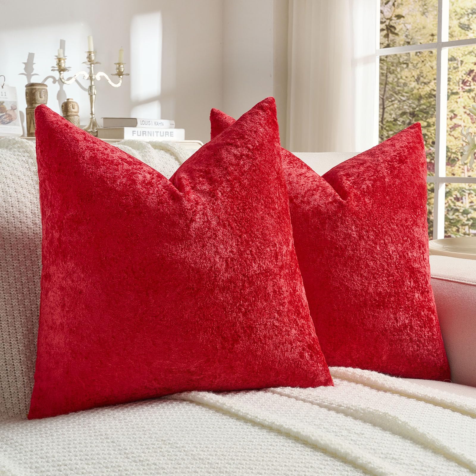 FUTEI Set of 2 Soft Flannel 65x65 cm Cushion Covers Crushed Textured Solid Scatter Euro Pillow Shams 65 x 65 cm Modern Accent for Sofa Bedroon Living Room, Red — image 1
