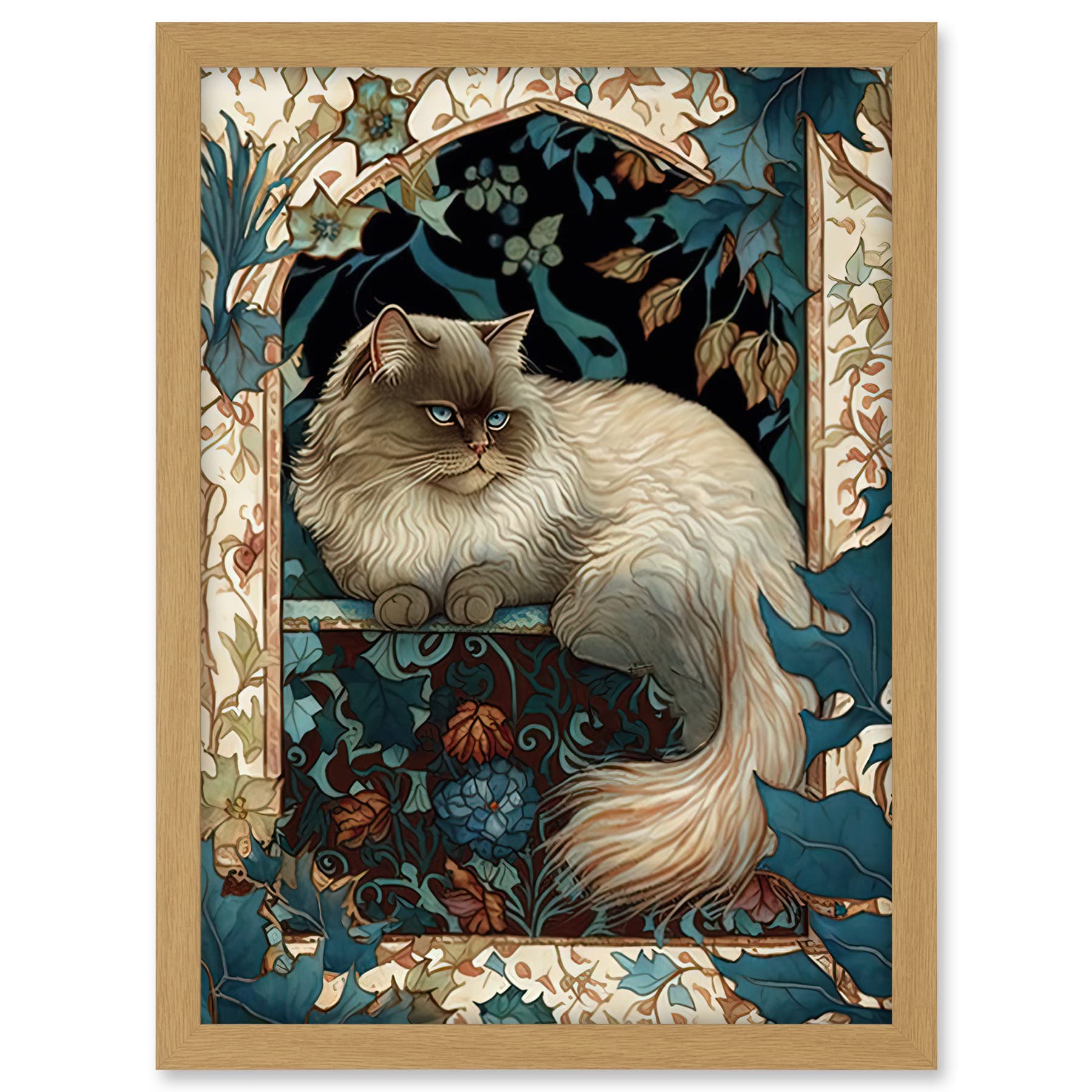Artery8 Perched Himalayan Persian Cat Modern Art Nouveau Illustration Artwork Framed A3 Wall Art Print