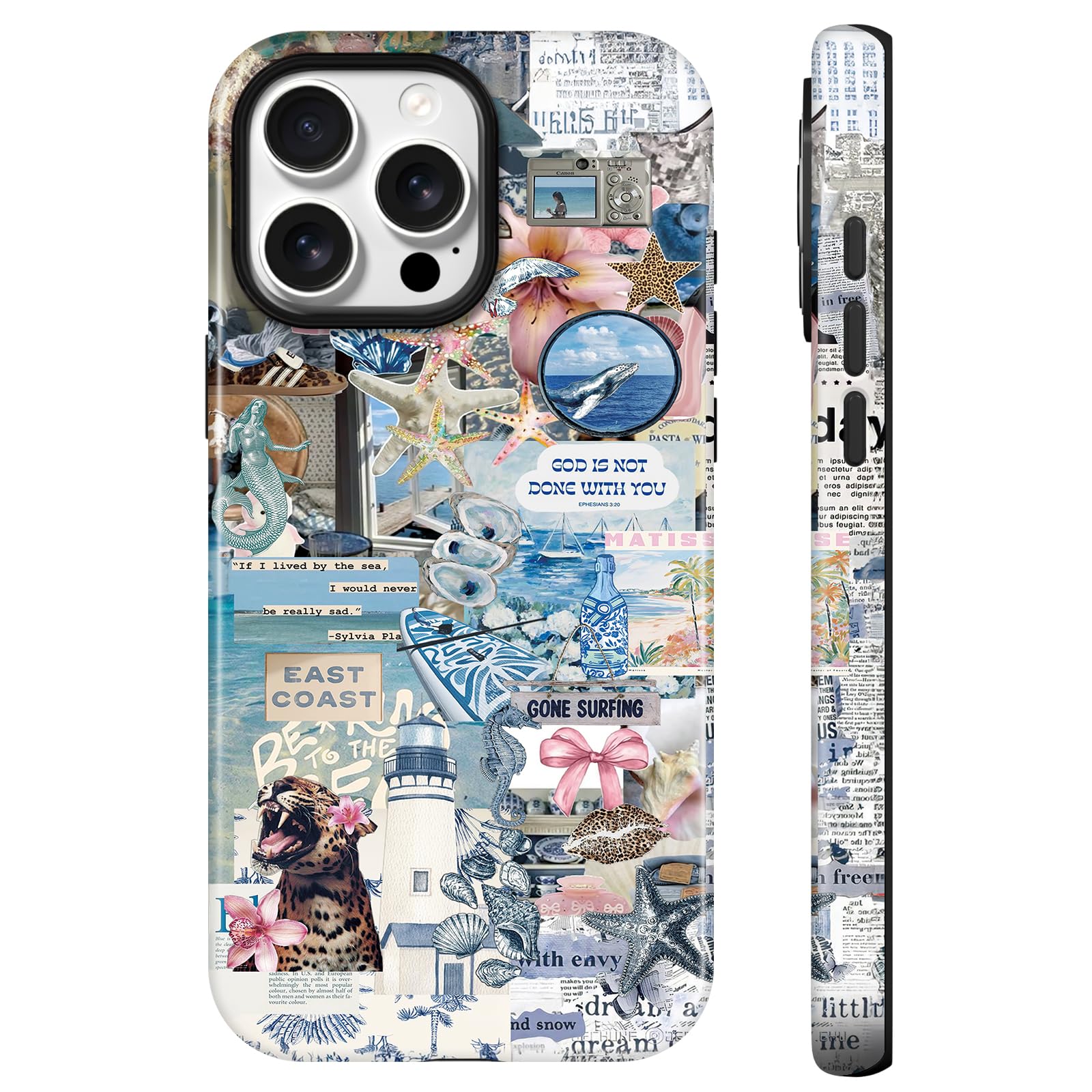 Lumen etui na iPhone'a 15 Pro, ochrona przed upadkiem klasy wojskowej, kompatybilne z MagSafe, Coastal Collage Ocean pokrowiec ochronny TPU z ochroną aparatu dla kobiet i dziewcząt - Noel