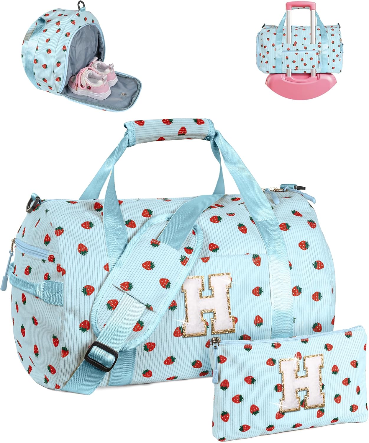 Customized Summer Gift for Daughter, Girls Gym Bag, Kids Personalized Weekend Duffel Bags with Shoe Compartment, Initial Travel Tote with Makeup Bag, Sweet Girl Gifts for Niece (Letter H)