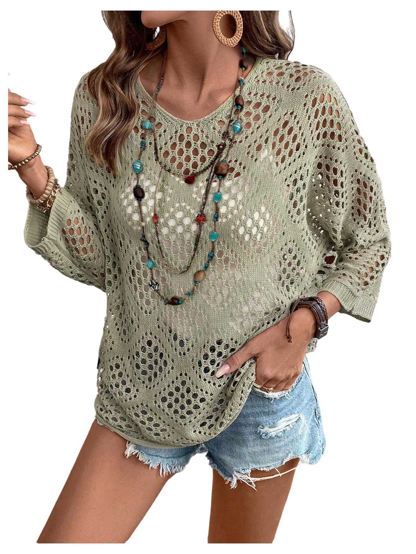 SweatyRocks Womens Hollow Out V Neck Crochet Sweater Casual Long Sleeve Loose Knit Pullover Tops