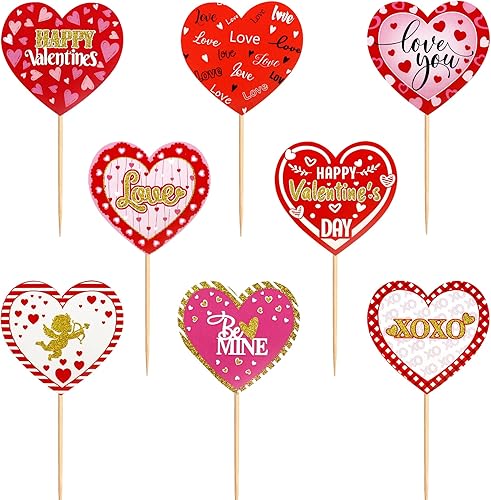 Miniatura 8 de Ercadio Paquete de 24 adornos para magdalenas de corazón para el día de San Valentín, diseño de corazón con texto en inglés Love You Be Mine para