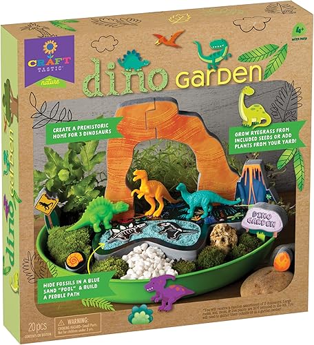 Craft-tastic Dino Garden - Kit de manualidades de naturaleza para bricolaje - Cultiva y juego en exteriores e interiores - Viene con dinosaurios,