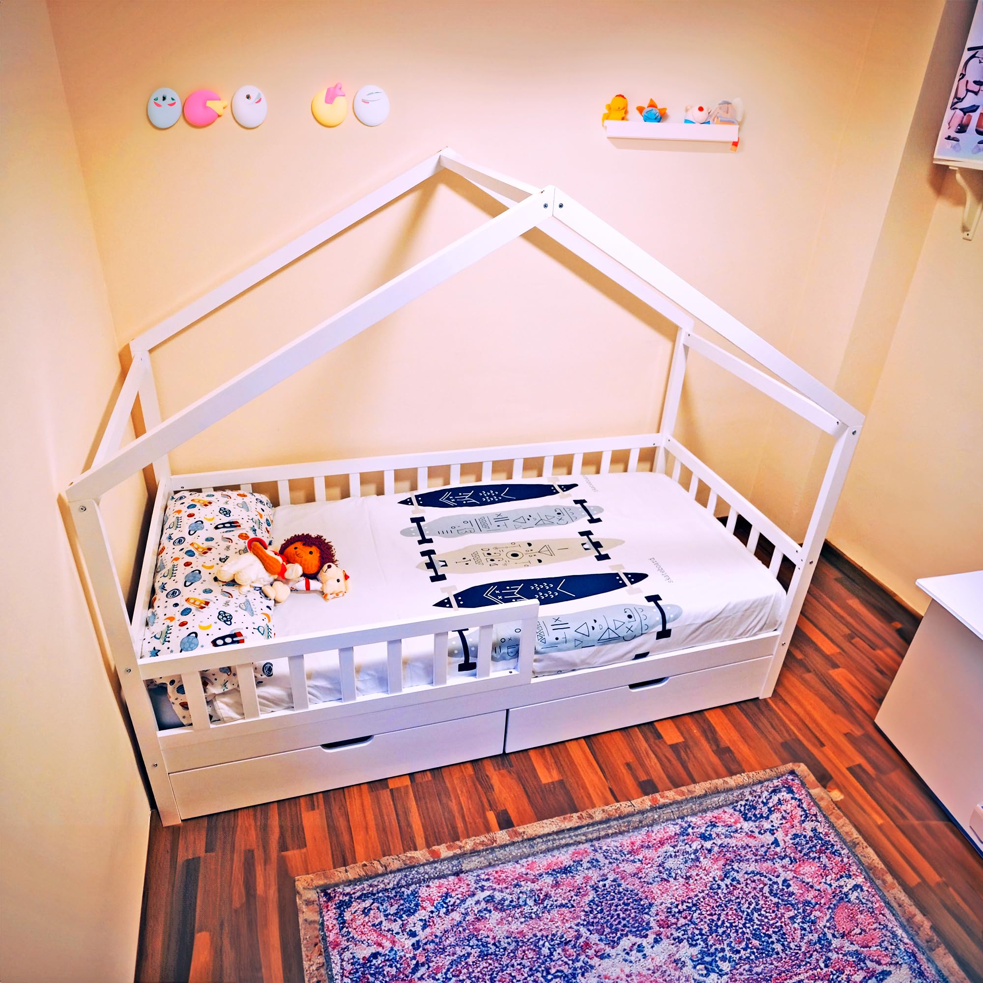Unicview Cama Infantil Estilo cabaña de Madera Maciza con 2 cajones, Valla y somier, 90 x 200 cm, Color Blanco (sin colchón)