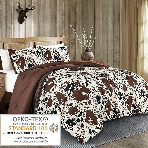 Miniatura 2 de Juego de ropa de cama con estampado de vaca, tamaño Queen, diseño de vaquero con temática occidental, estampado de vaca lechera, marrón, negro,