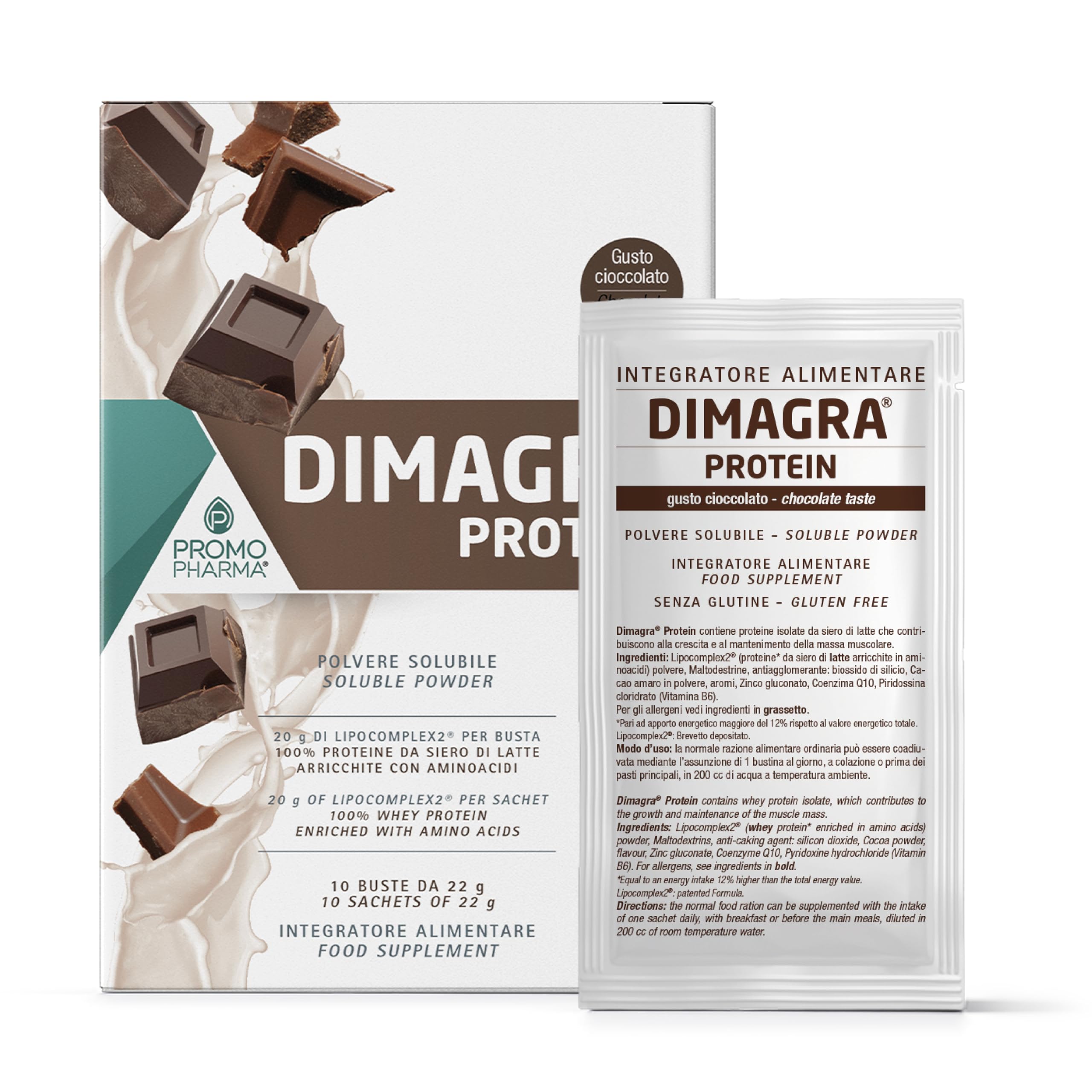 Dimagra Protein - Integratore Proteico per Dieta Chetogenica - Proteine in Polvere - Gusto Cioccolato - 10 buste da 22 g