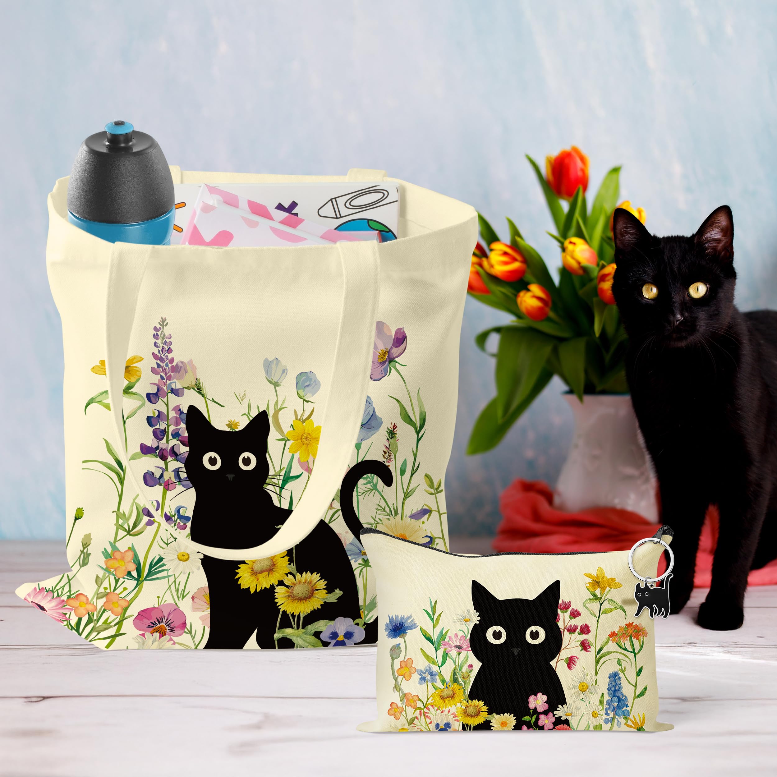 laffact Bolsa de lona con diseño de gato negro – Bonita bolsa de mano de gato con bolsillos interiores, bolsa de maquillaje estética vintage con cremallera y llavero de gato, regalos para amantes de