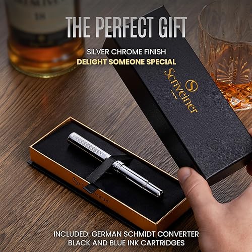 Miniatura 3 de Scriveiner Pluma estilográfica plateada cromada (mediana), bolígrafo de lujo galardonado, bolígrafo de bolsillo pesado, acabado cromado, punta