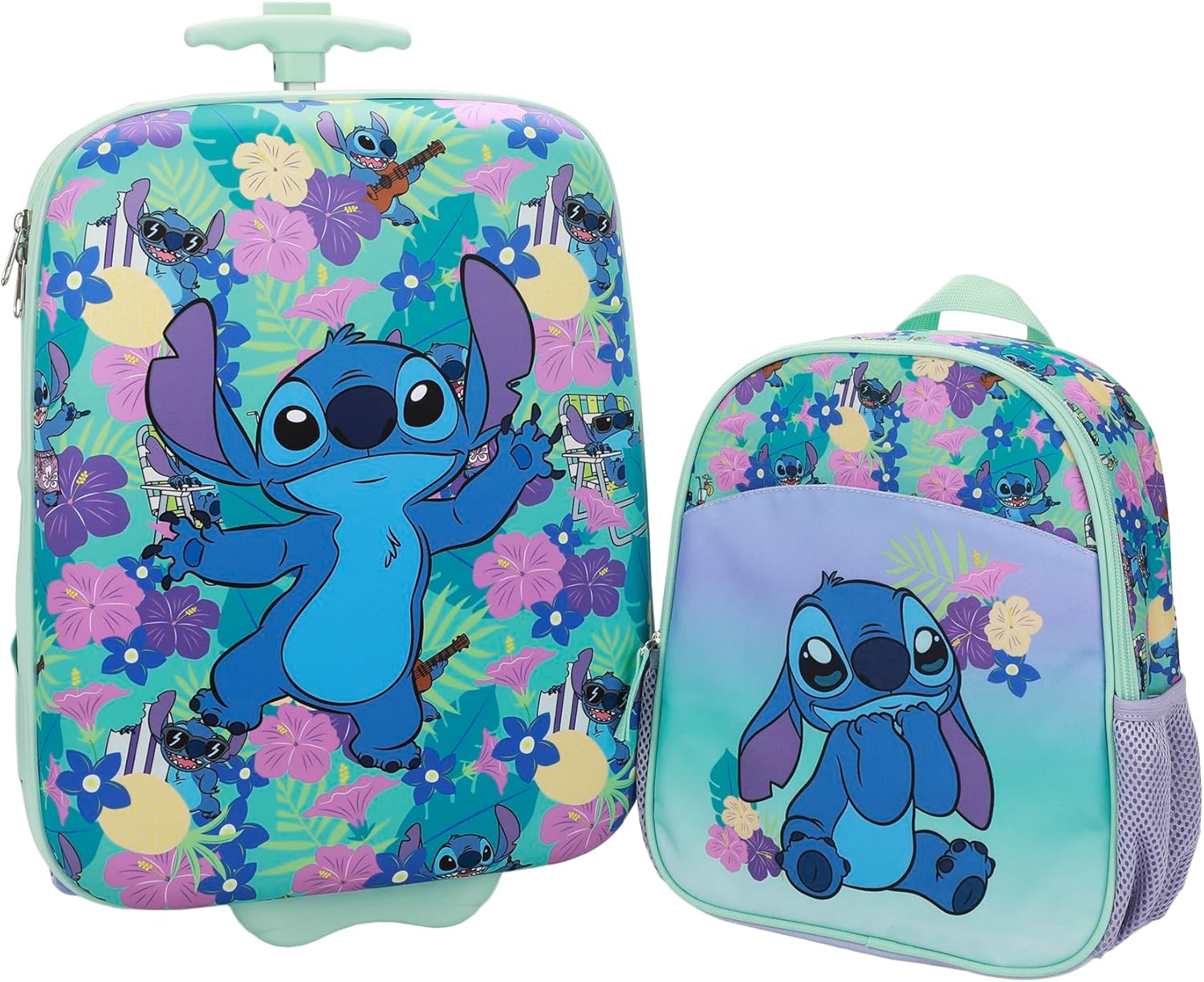 Disney Stitch Tropical Flower Print 2-Piece Youth EVA Wheeled Luggage & Travel Backpack Set