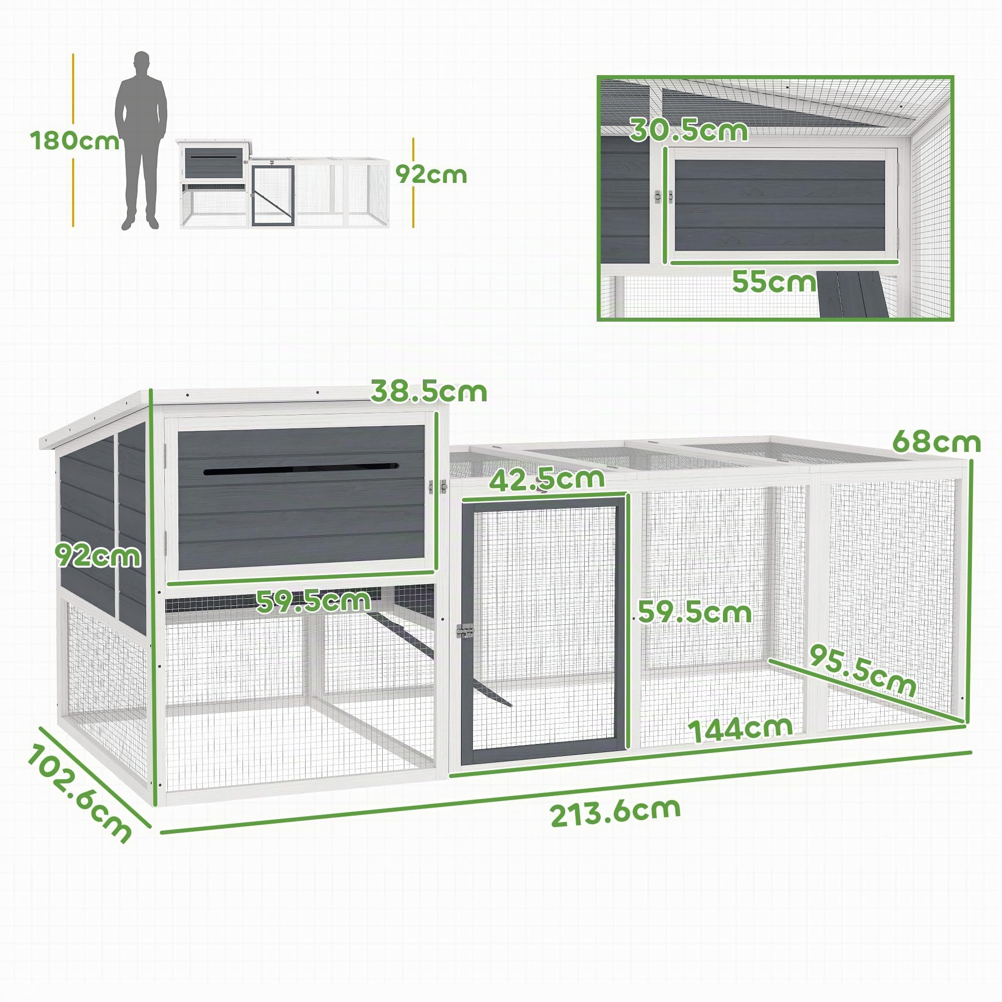 PawHut Pollaio per Galline Ovaiole Esterno con Nido 214x101x91.5cm Grigio | Casetta, Tetto Impermeabile Apribile, Vassoio Estraibile, Porte, Gabbia Recinto, per 2-4 Galline Conigli, in Legno