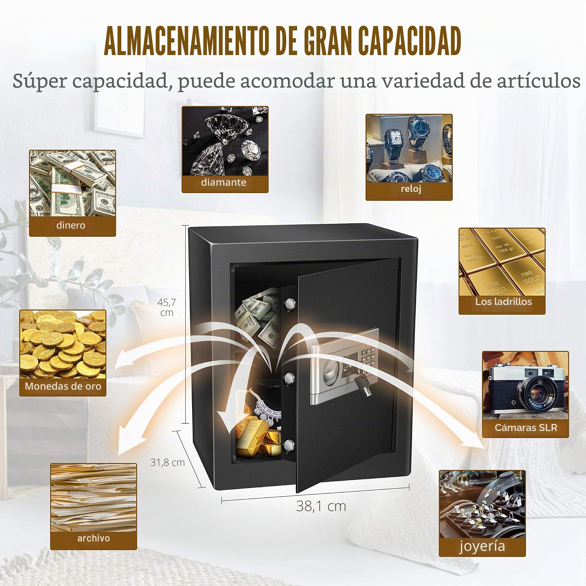 Caja de seguridad doméstica de 54L con bolsas ignífugas, Caja de seguridad secreta de hotel con cerradura de combinación con cerradura de tres pernos y estante removible 45x31x37cm VIHBRAI