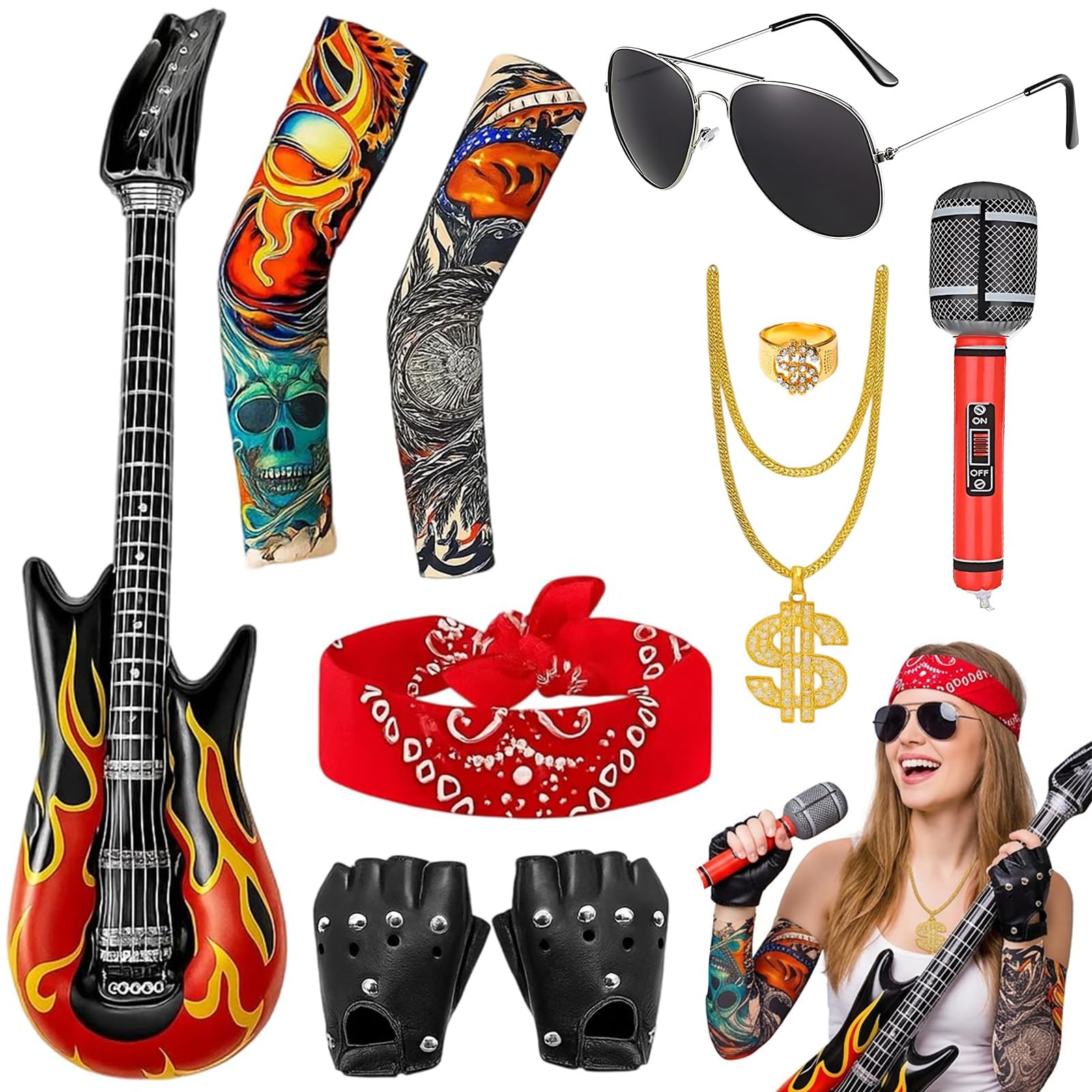 Rock Star Costume, 10 PCS Rock Star Fancy Dress Set with Guitar, Microphone, Sunglasses, Gloves, Arm Sleeves, Bandana, Ring and Necklace, for Attending Halloweens and Parties Use by Those Aged 15+