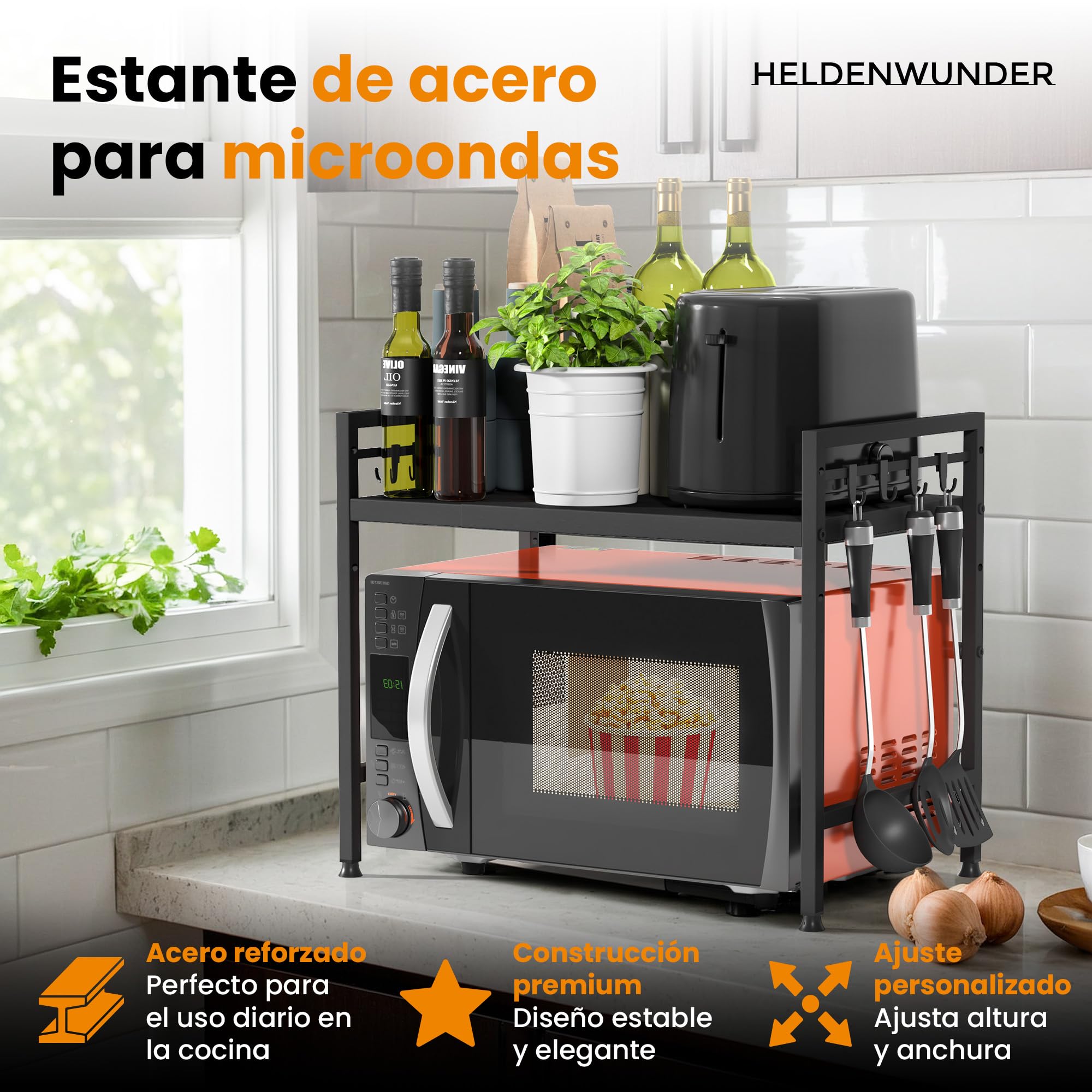 Heldenwunder Estantería Microondas Estantes Cocina Acero (2 Niveles) | Mueble Microondas Horno Estanterias Almacenaje Organizador Estante Panadería Ajustable + Instrucciones en Vídeo, Ganchos – Negro