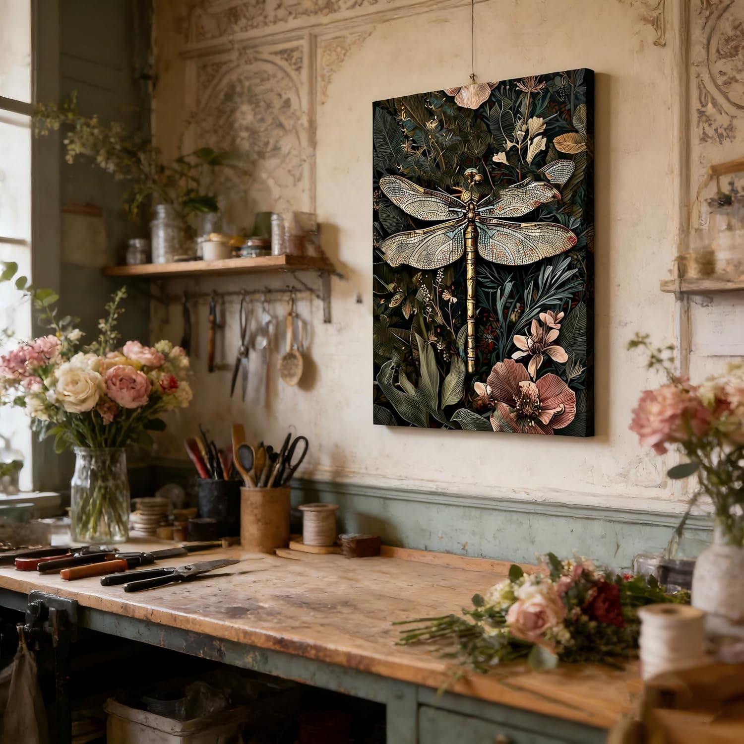 Canvas Wall Art Framed Dragonfly Botanical Floral Leaf Plant Nature Vintage Rustic Farmhouse Eclectic Moody Textured Dark Academia Elegant Unique Wall Decor for Living Room Office Decor 16x24 Inches