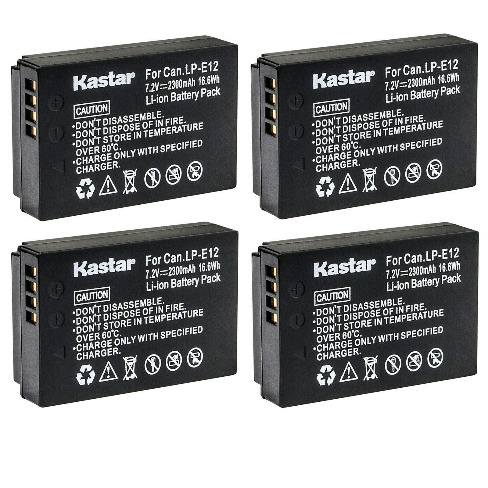 Kastar 4-Pack LP-E12 Battery 7.2V 2300mAh Replacement for Canon LP-E12 LPE12 Battery, Canon LC-E12 LC-E12E Charger