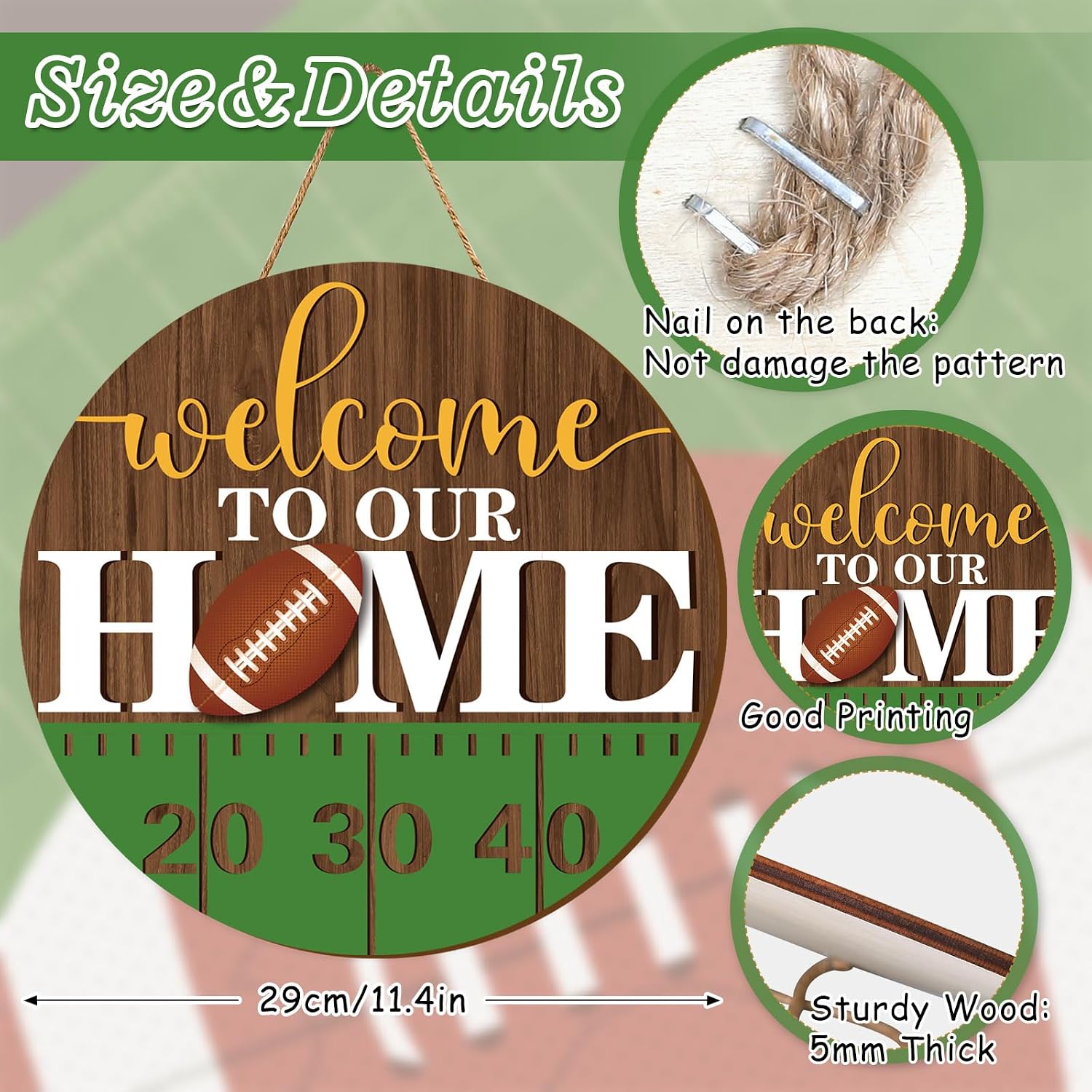 Whaline Football Wooden Hanging Sign Fall Sports Game Welcome Sign, 11.4''