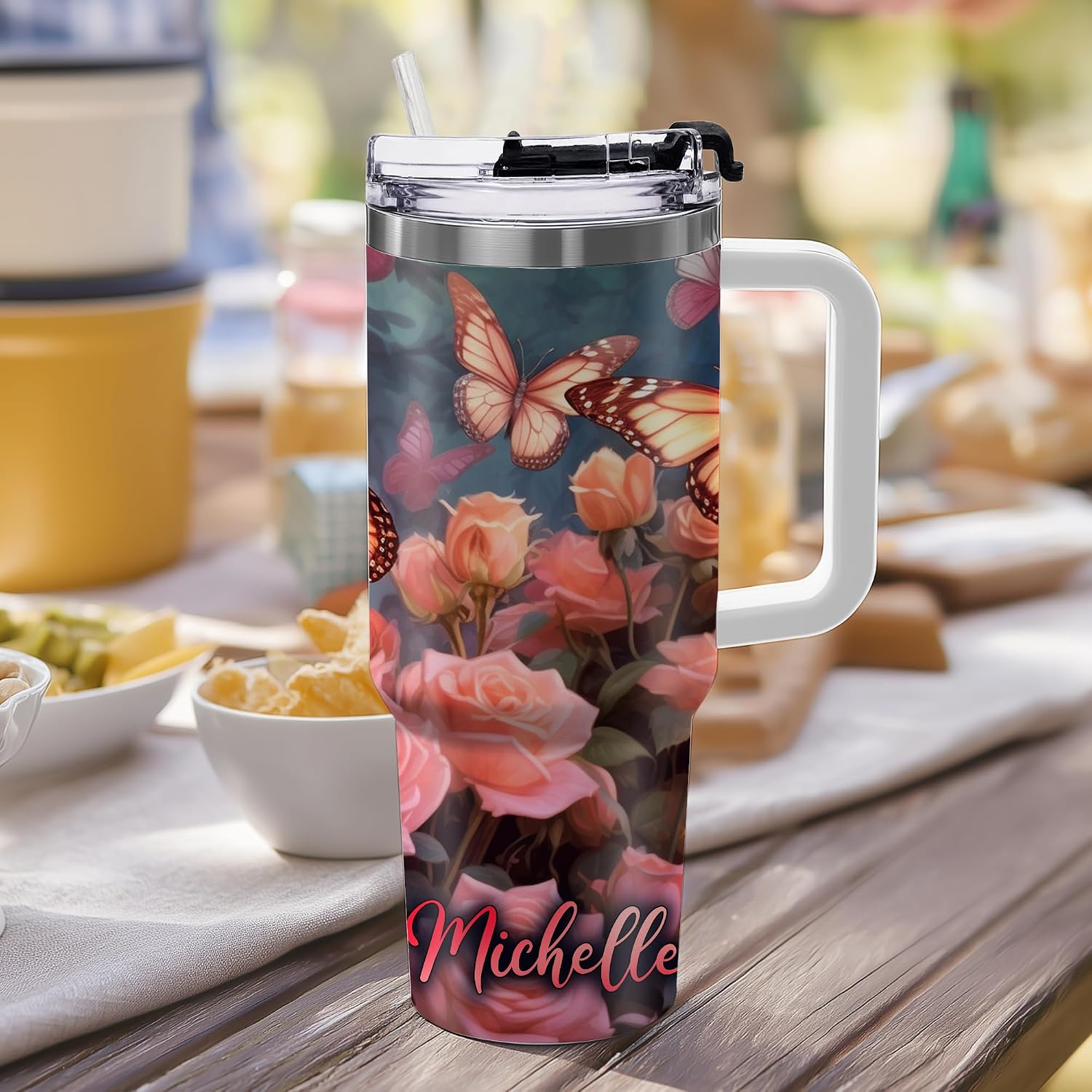 Hyturtle Personalized Butterfly 40oz Tumbler with Handle and Straw Gifts for Butterflies Lovers, Rose Butterfly Gift Ideas For Women, Birthday Mothers Day Gifts Stainless Steel Travel Cup With Lid
